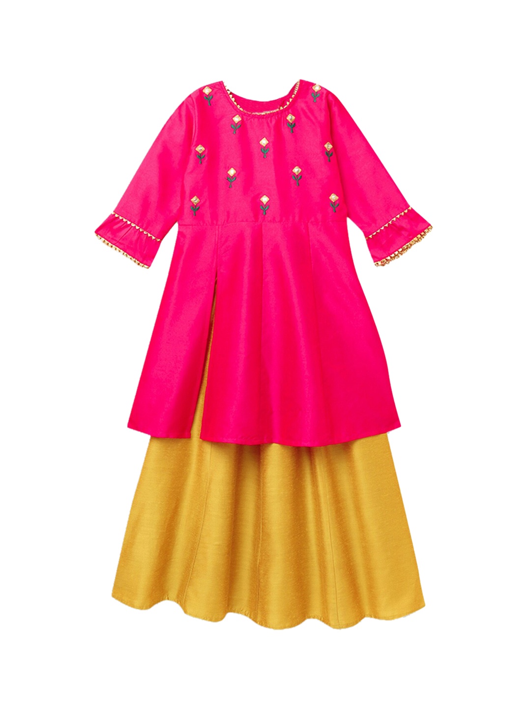 

Hopscotch Girls Pink Ethnic Motifs Embroidered Pure Cotton Kurta with Skirt
