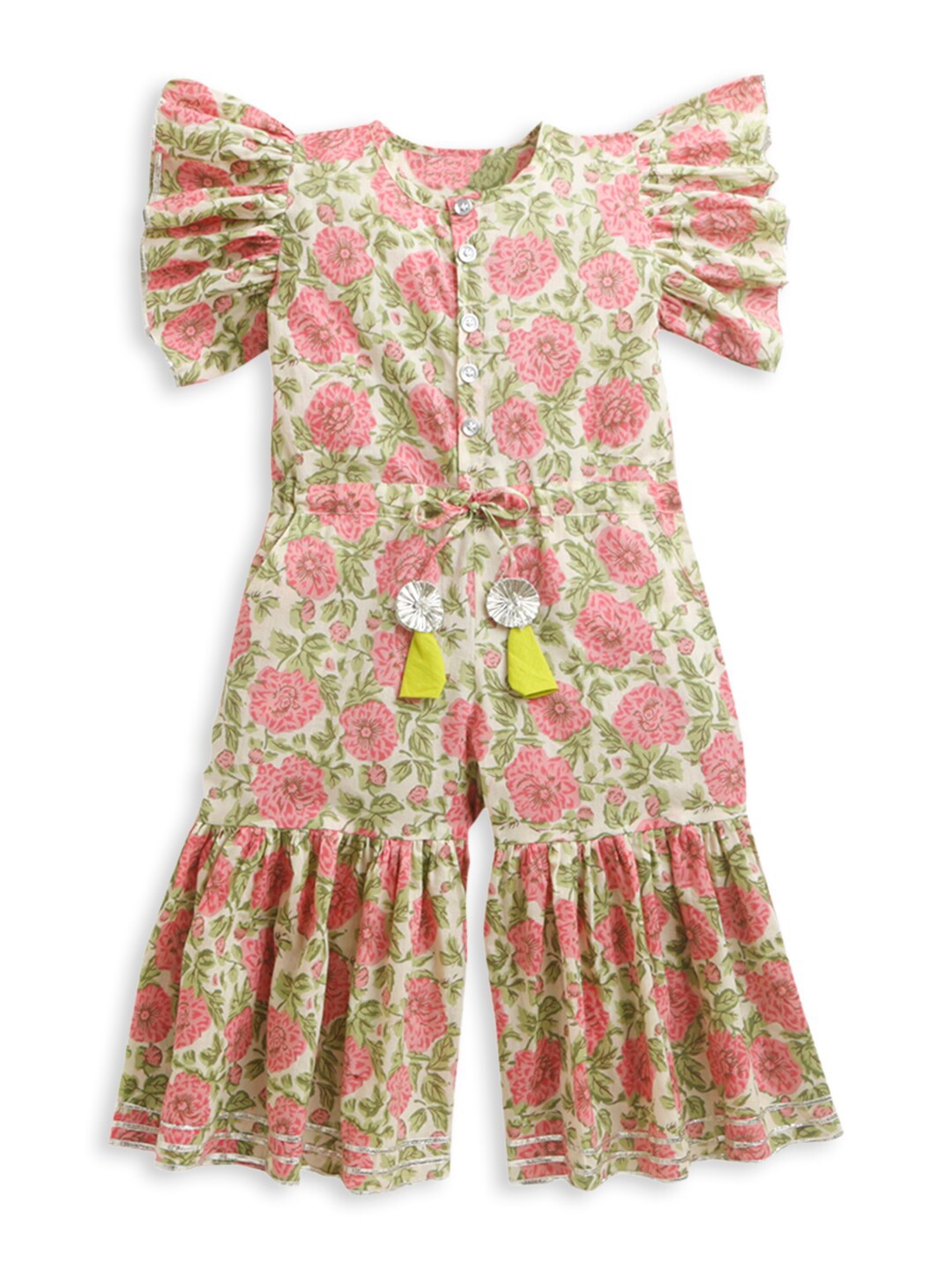 

Hopscotch Girls Cream Colour Floral Printed Ruffled Jumpsuit