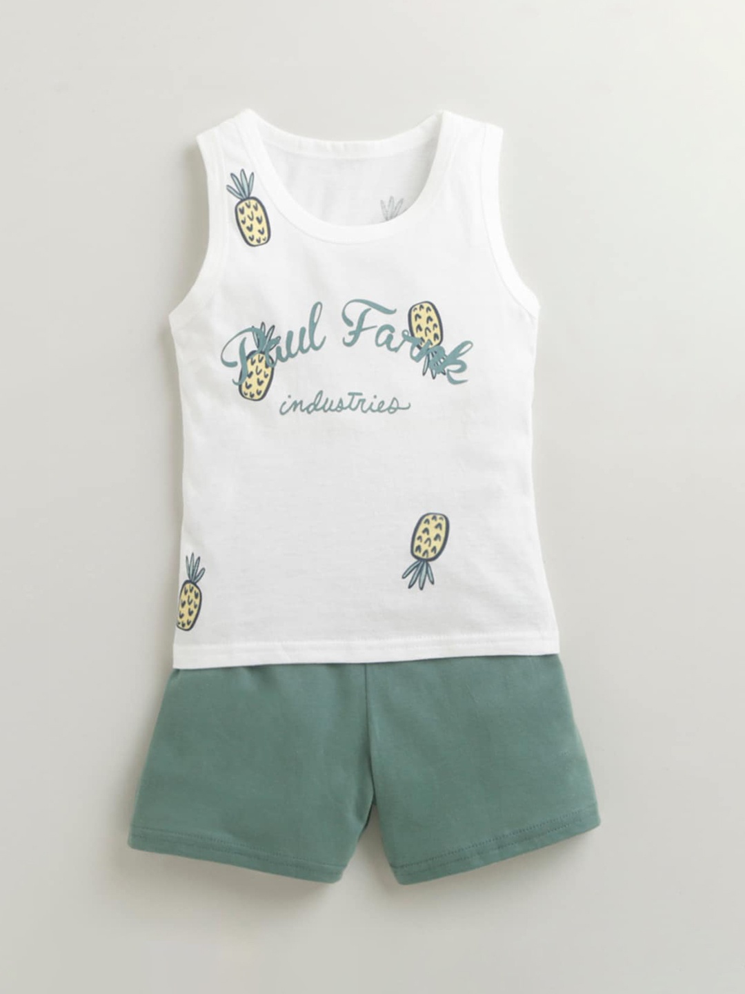 

Hopscotch Boys White & Green Printed Pure Cotton T-shirt with Shorts