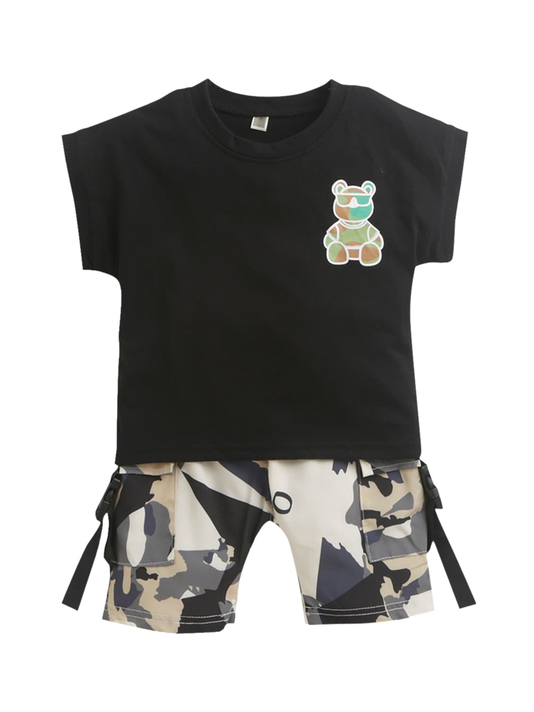 

Hopscotch Boys Black White and Grey Printed T-shirt with Shorts