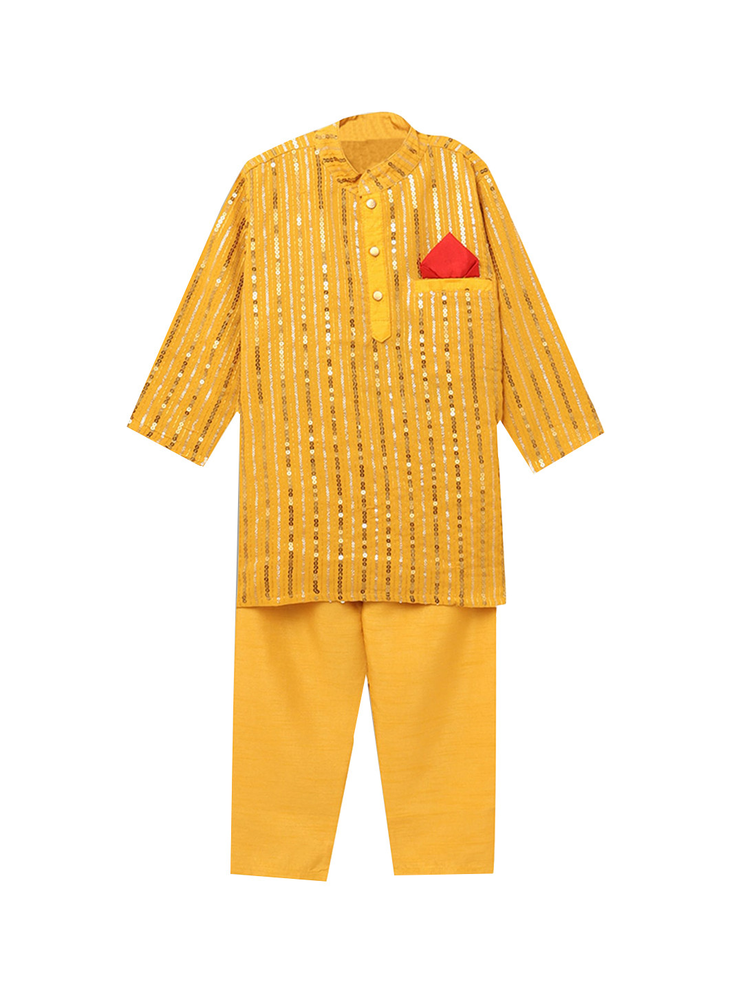 

Hopscotch Boys Yellow Embroidered Sequinned Pure Cotton Kurta with Pyjamas