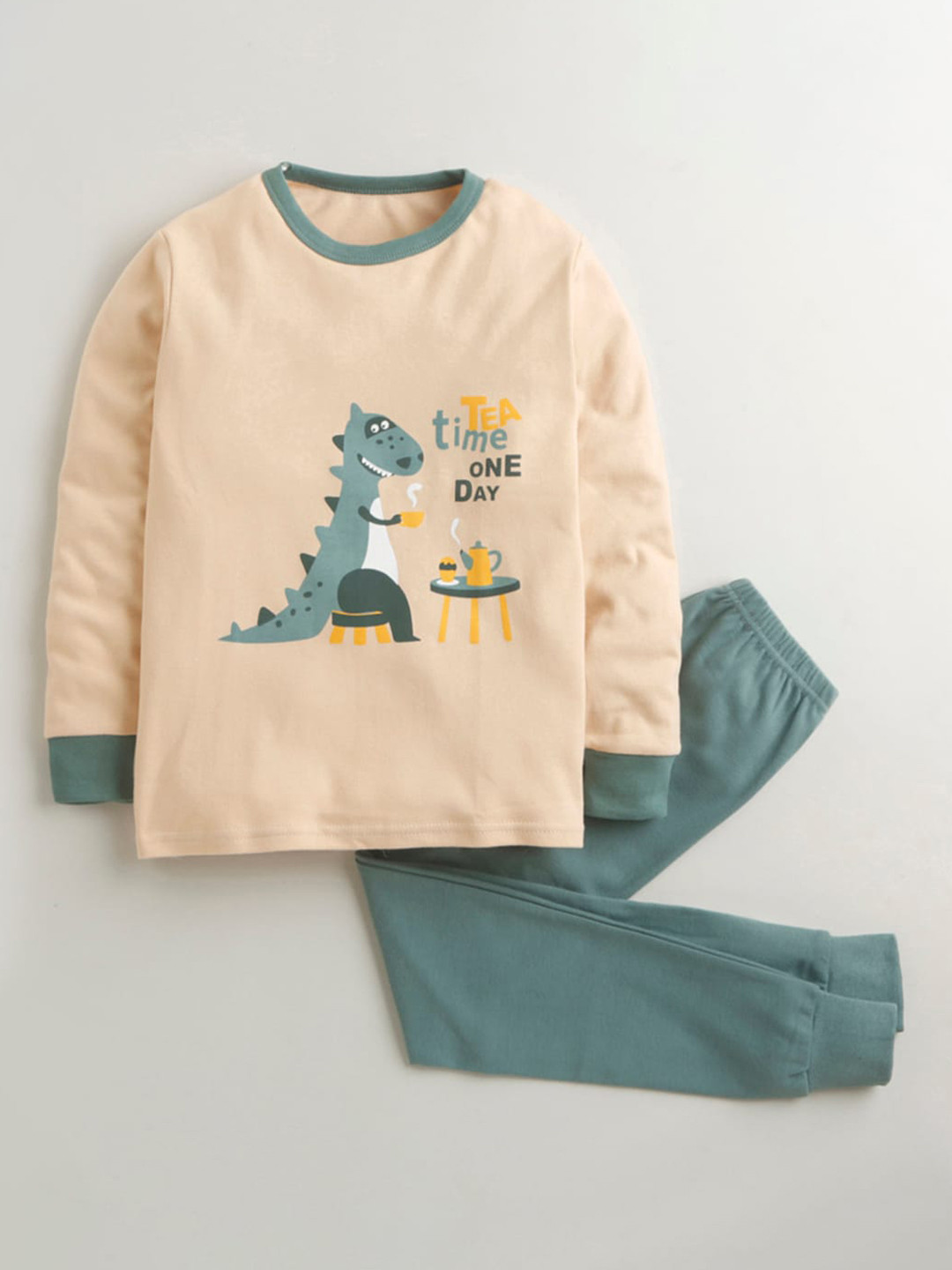 

Hopscotch Boys Green & Beige Printed Night suit