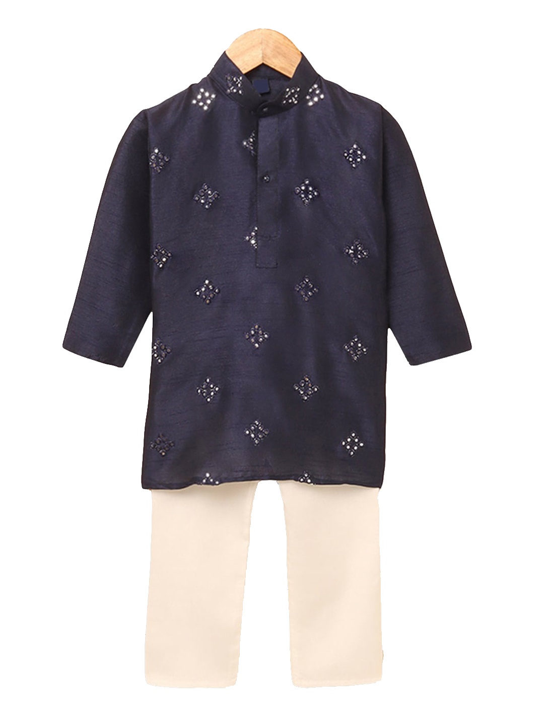 

Hopscotch Boys Blue Embroidered Raw Silk Kurta with Pyjamas