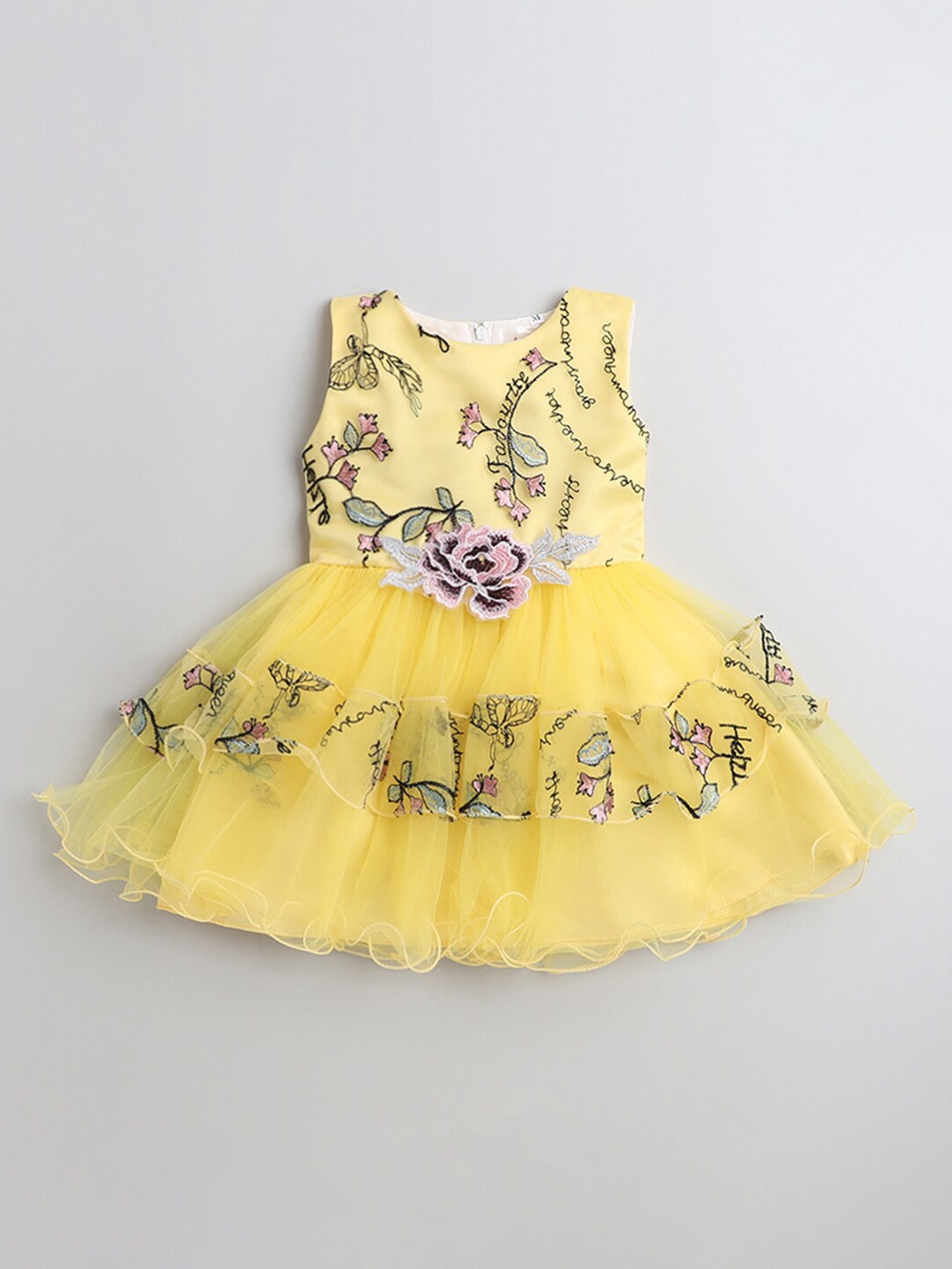 

Hopscotch Yellow & Black Floral Embroidered Empire Dress