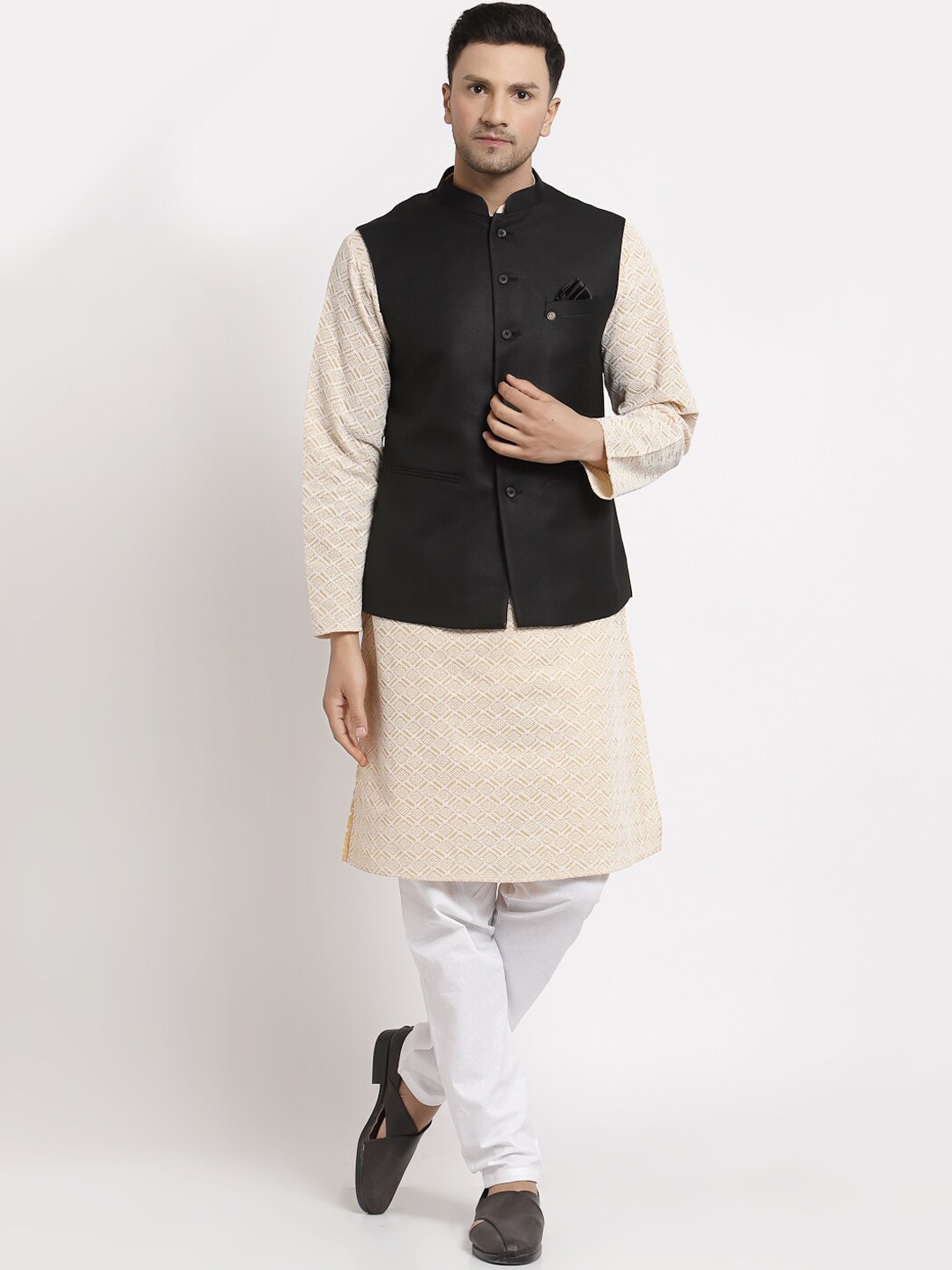 

MOHANLAL SONS Men Beige Pure Cotton Kurta with Churidar And Nehru Jacket