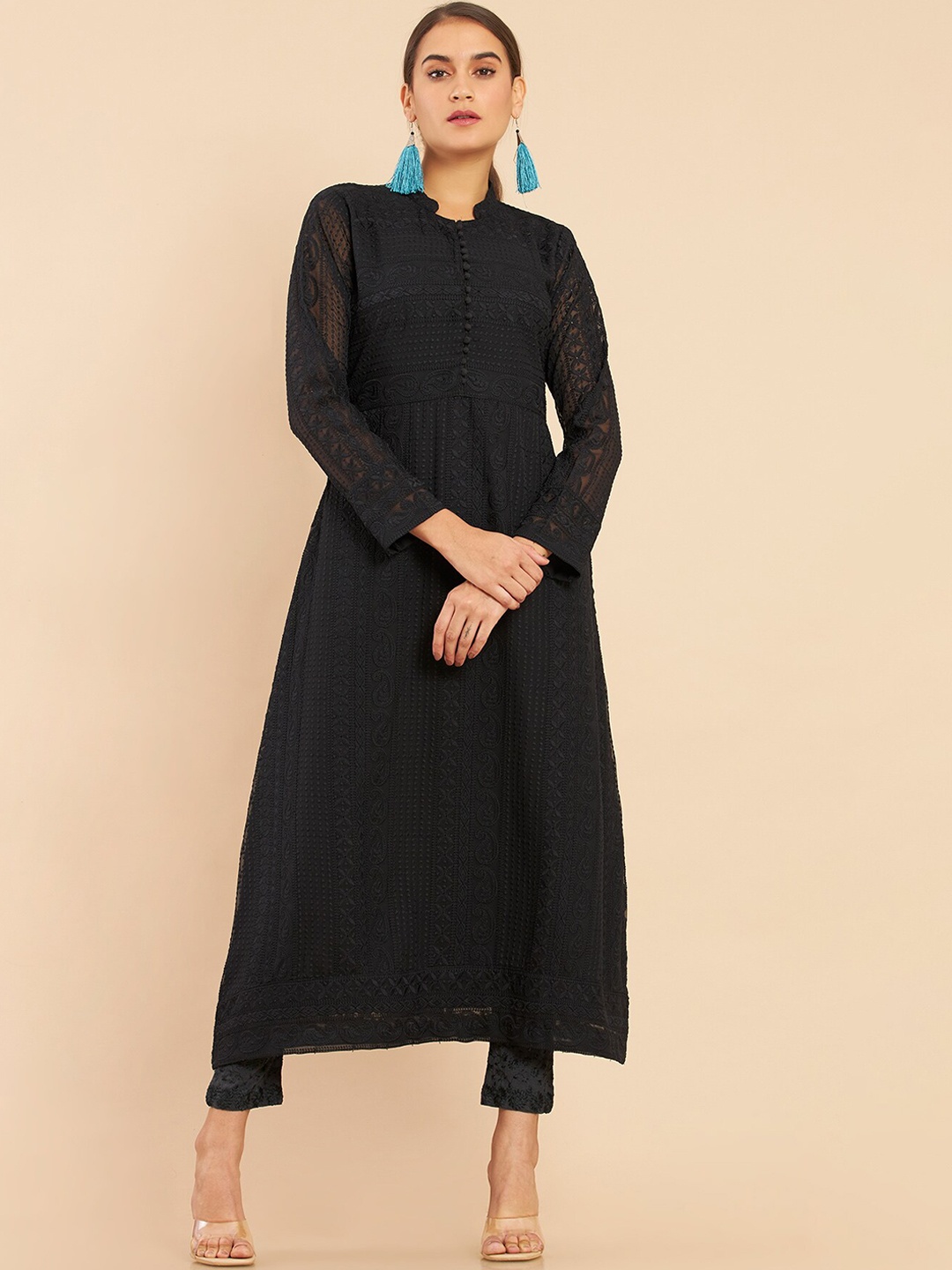 

Soch Women Black Ethnic Motifs Embroidered Thread Work Georgette Kurta
