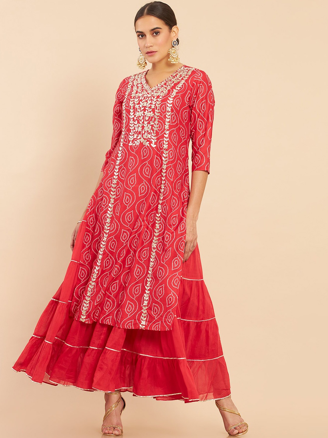 

Soch Women Red Bandhani Printed Anarkali Kurta