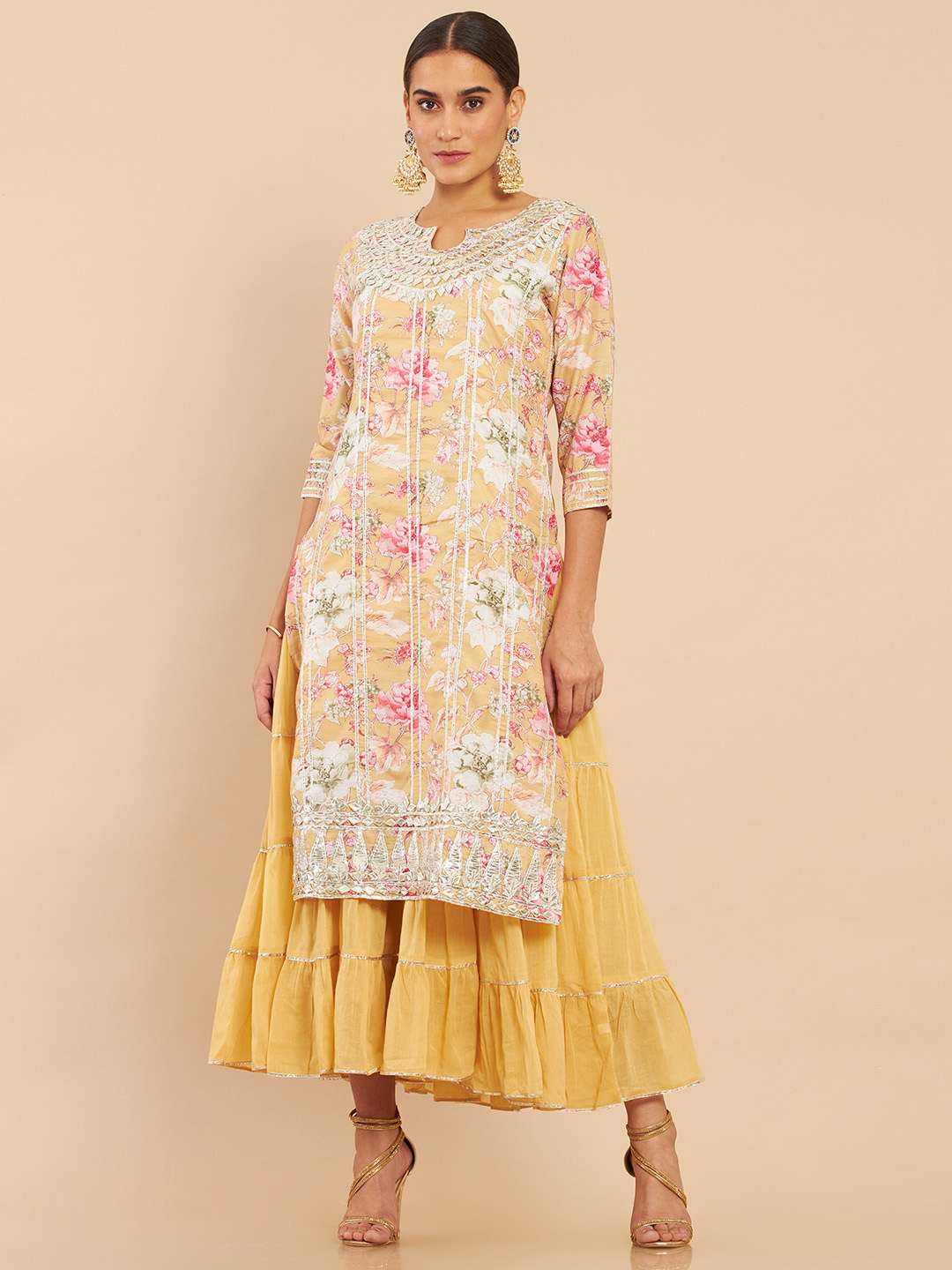 

Soch Women Yellow & White Floral Printed Gotta Patti Anarkali Kurta