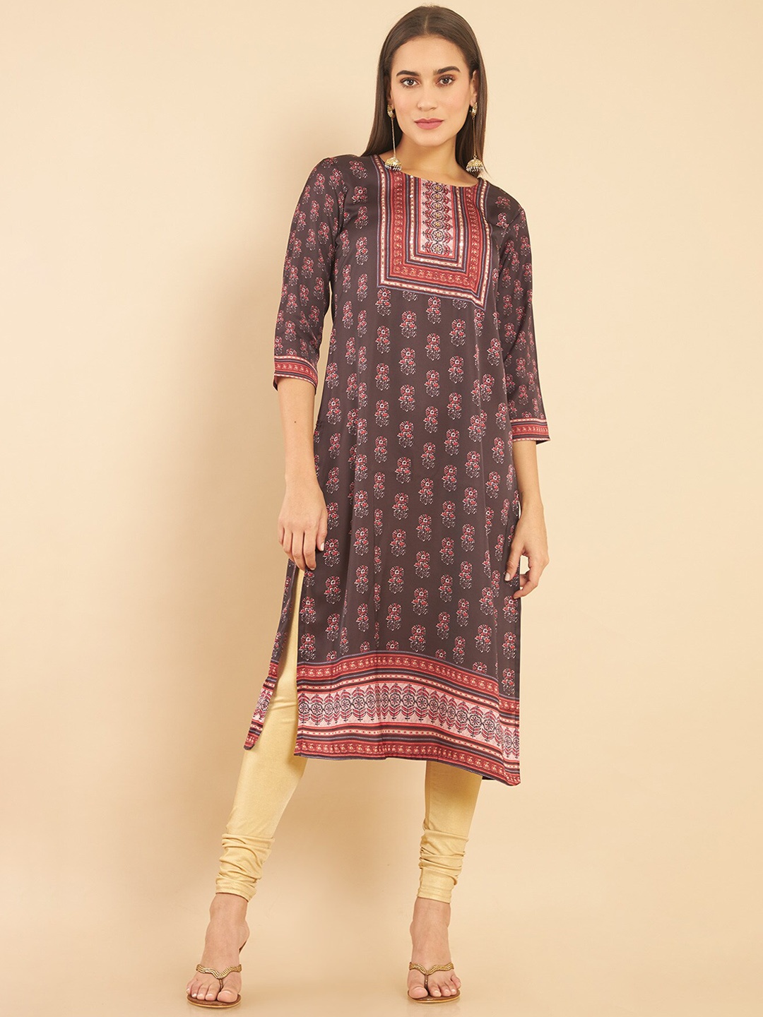 

Soch Women Brown Ethnic Motifs Printed Keyhole Neck Kurta