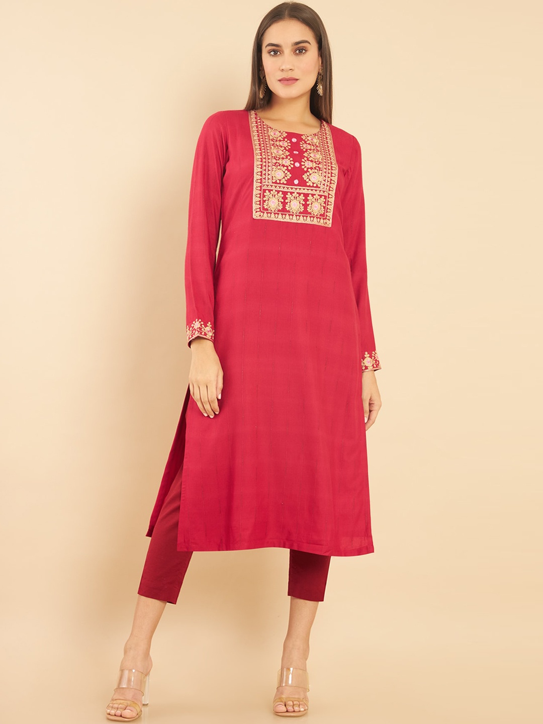 

Soch Women Fuchsia Embroidered Keyhole Neck Thread Work Kurta