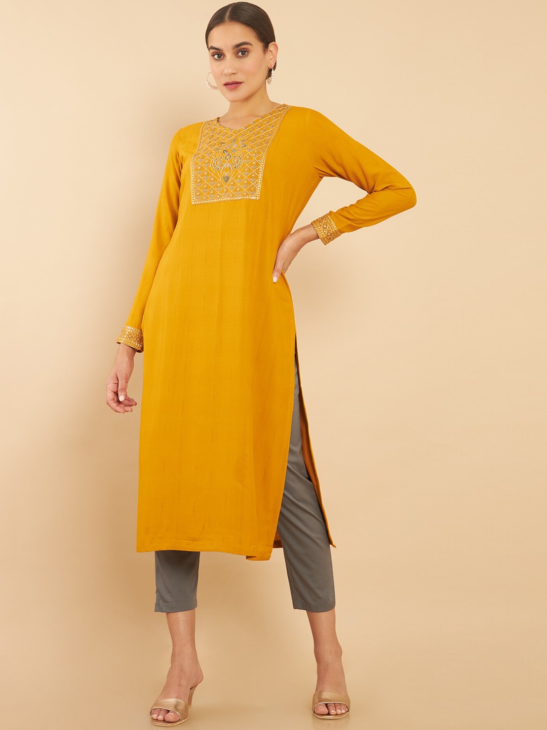 

Soch Women Mustard Yellow Embroidered Keyhole Neck Mirror Work Kurta