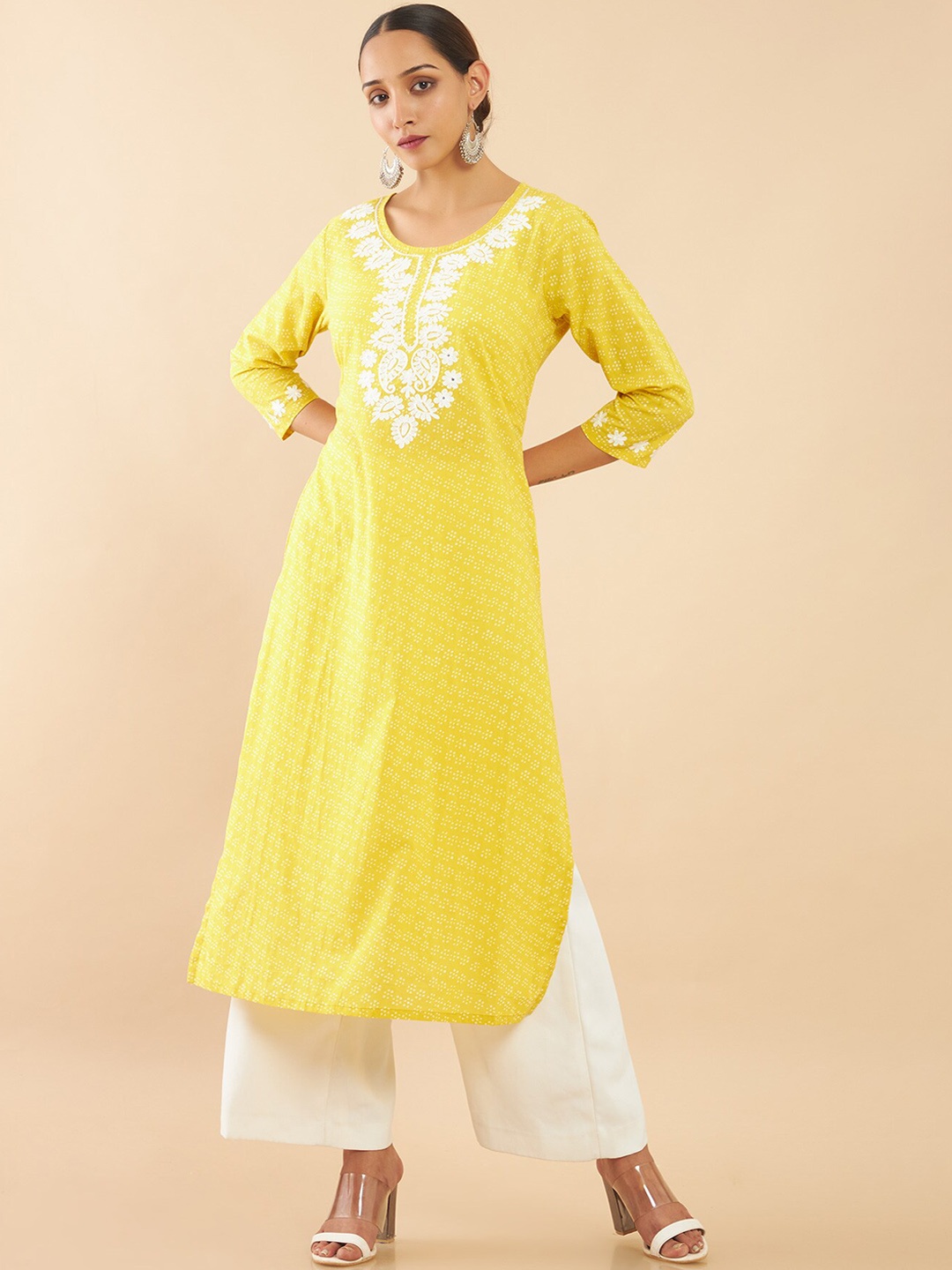 

Soch Women Yellow Paisley Yoke Design Thread Work Kurta
