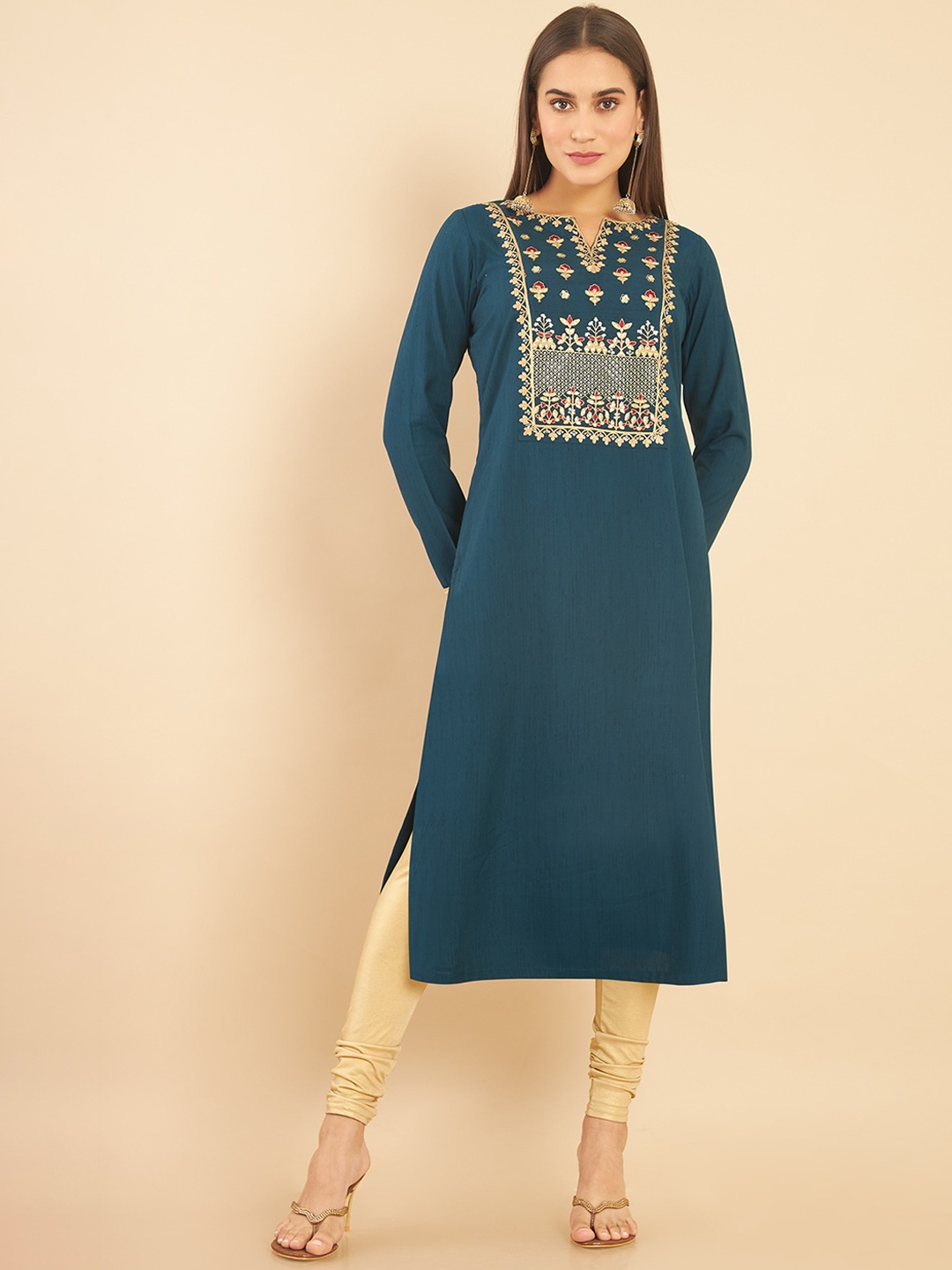 

Soch Women Teal Ethnic Motifs Yoke Design Thread Work Kurta