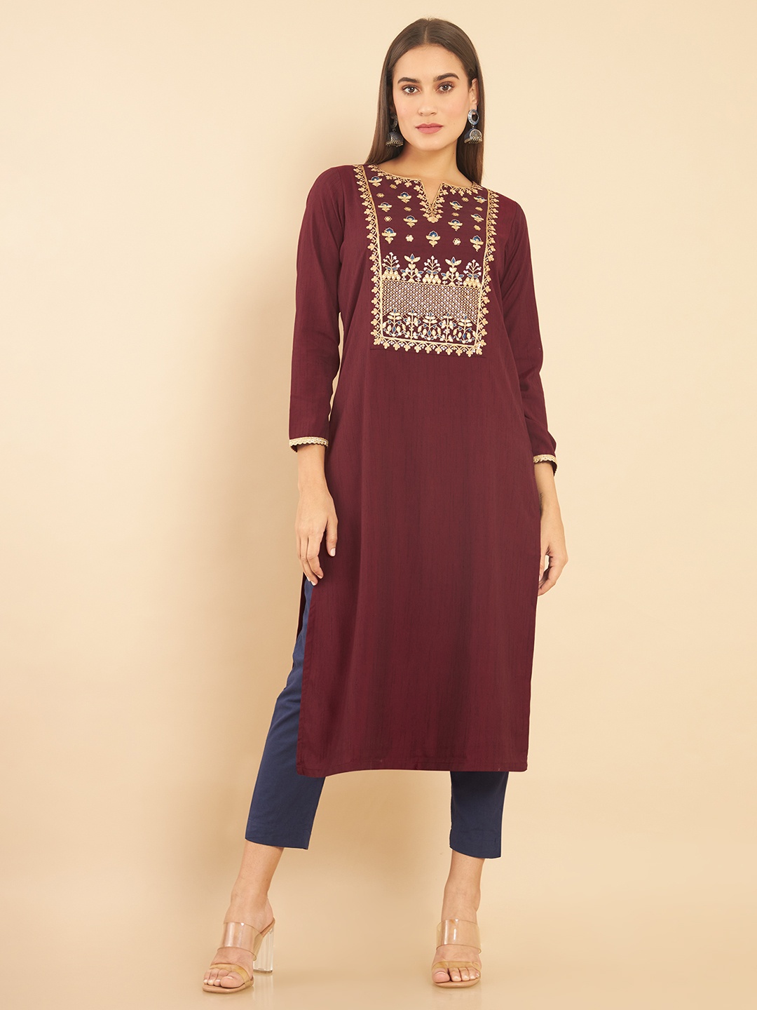 

Soch Women Maroon Geometric Yoke Design Thread Work Kurta