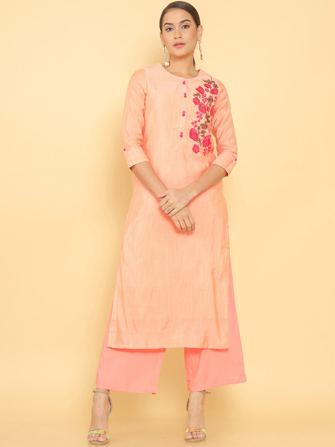

Soch Women Peach-Coloured Floral Chanderi Silk Kurta