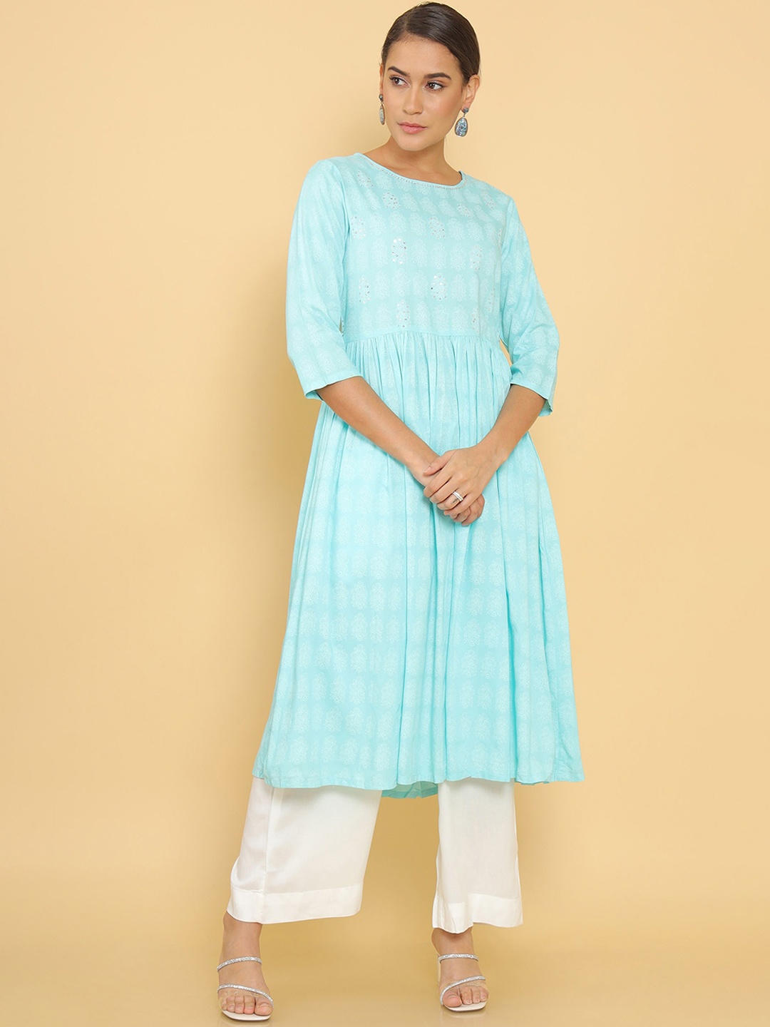 

Soch Women Blue Flared Sleeves Gotta Patti Anarkali Kurta
