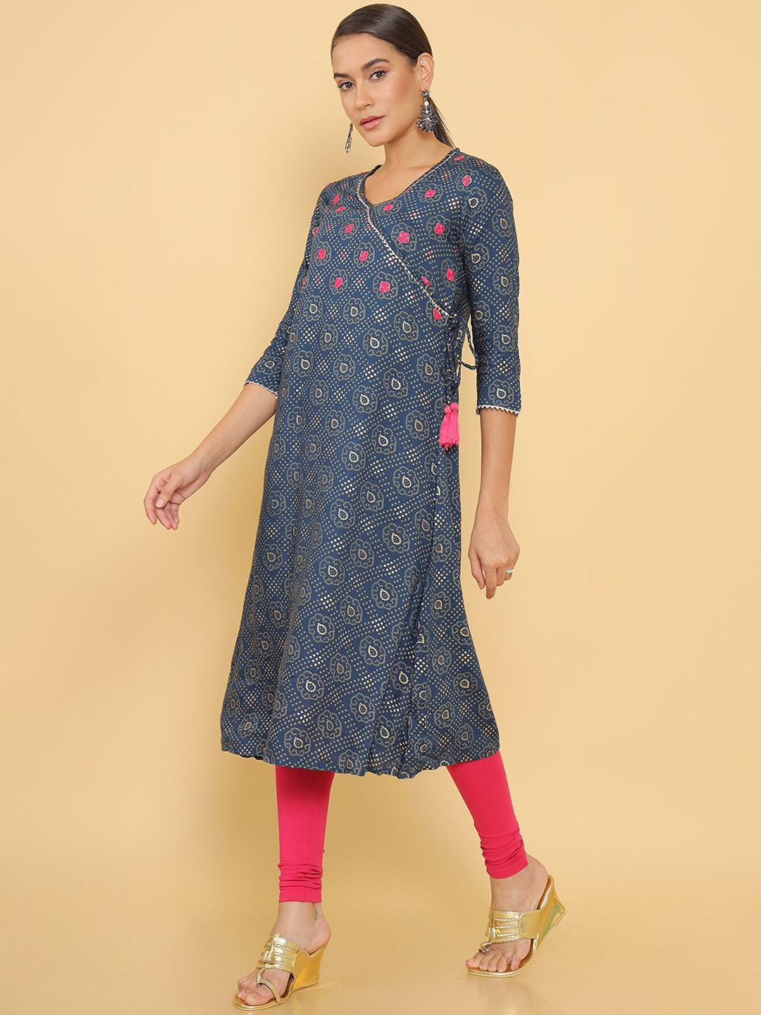 

Soch Women Blue Rayon Angrakha Kurta Floral Printed