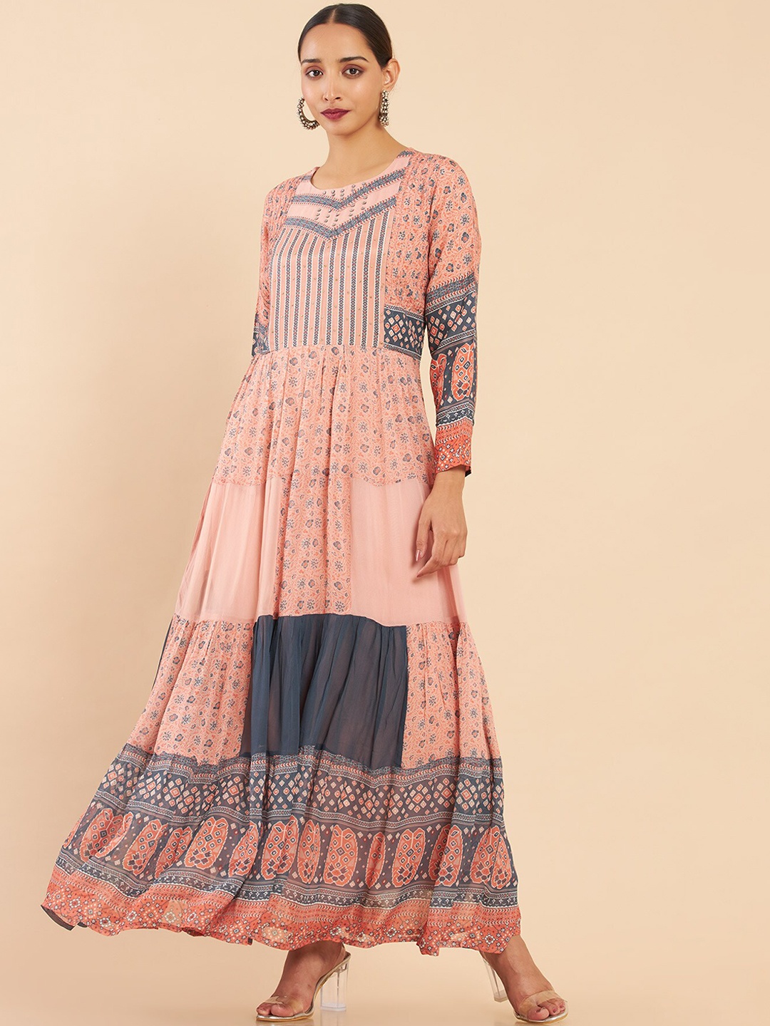 

Soch Women Peach-Coloured Ethnic Motifs Printed Georgette Anarkali Kurta