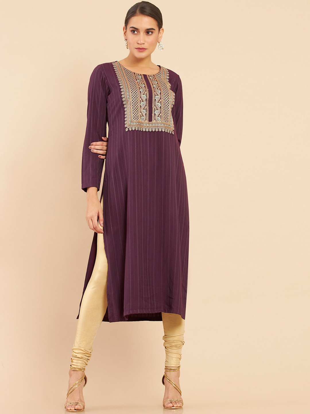 

Soch Women Purple Striped Yoke Design Kurta