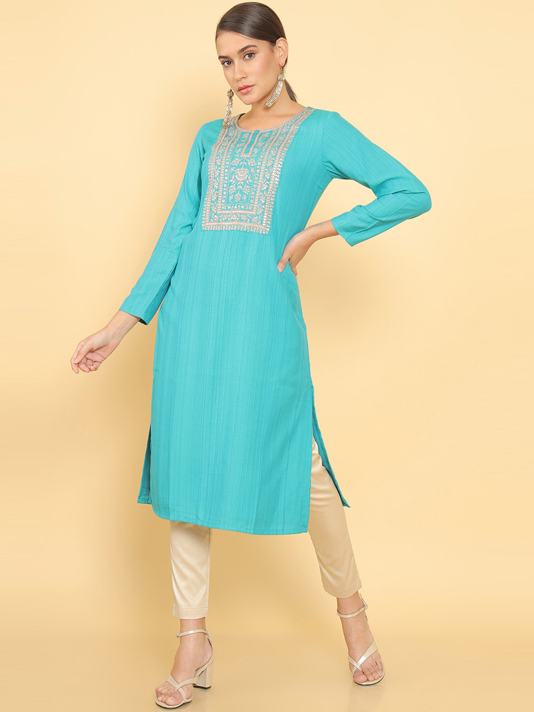 

Soch Women Blue Ethnic Motifs Yoke Design Kurta
