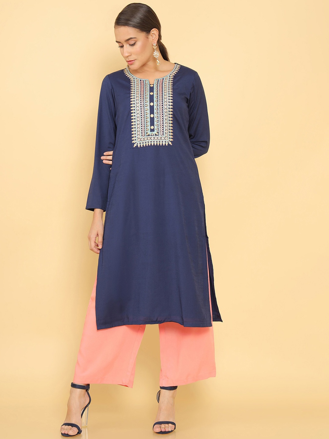 

Soch Women Navy Blue Geometric Yoke Design Thread Work Kurta