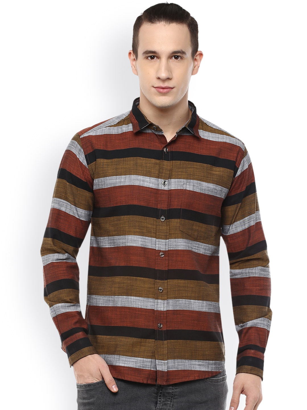 

DENNISON Men Brown & Grey Slim Fit Striped Casual Shirt
