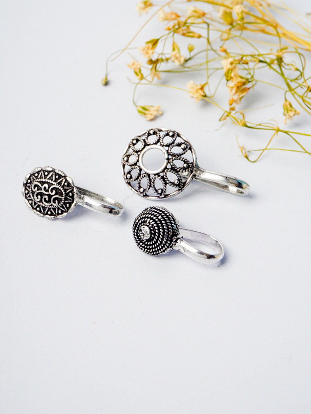 

Urmika Set Of 3 Silver-Toned Stone-Studded Nosepin
