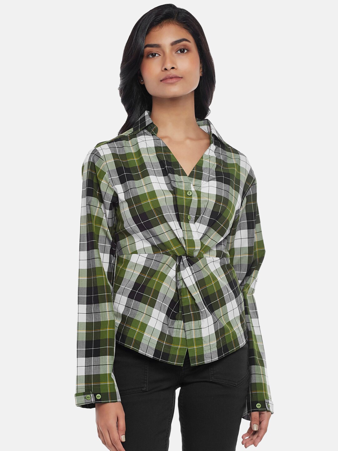 

SF JEANS by Pantaloons Women Olive Green Tartan Checked Casual Shirt