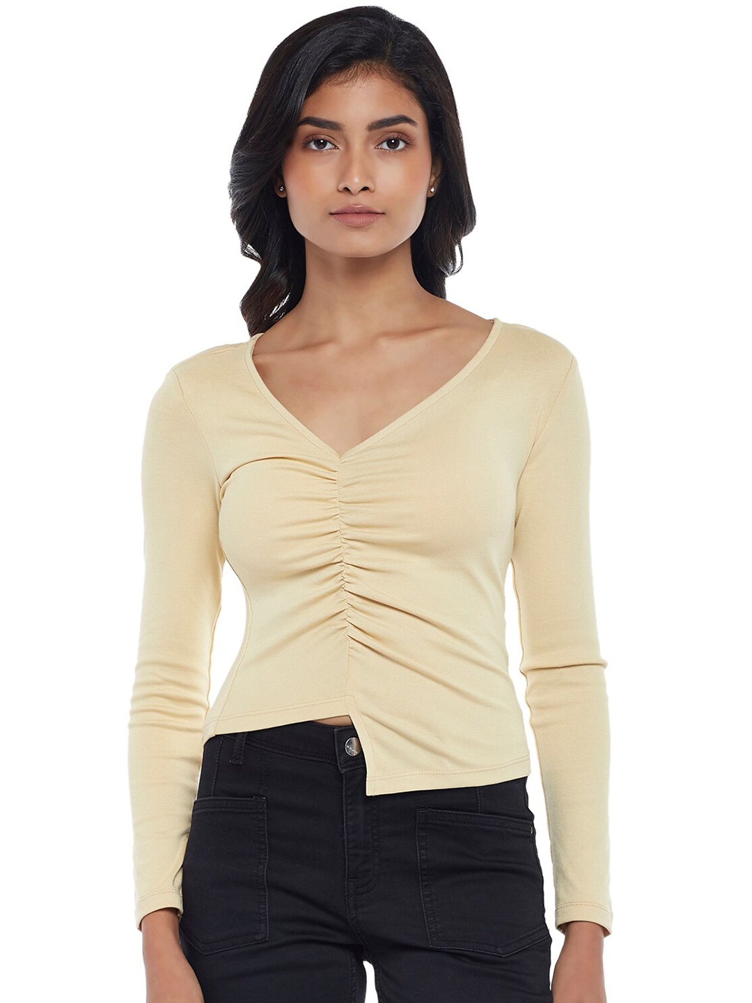 

SF JEANS by Pantaloons Beige Solid V Neck Fitted Top