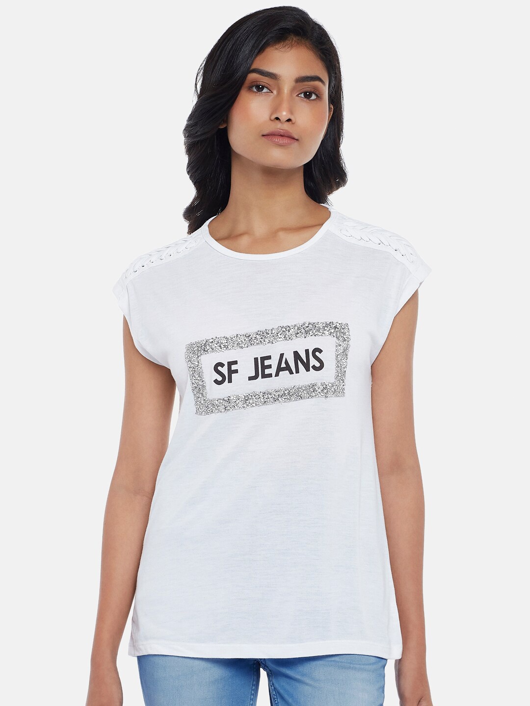 

SF JEANS by Pantaloons White Print Extended Sleeves Top