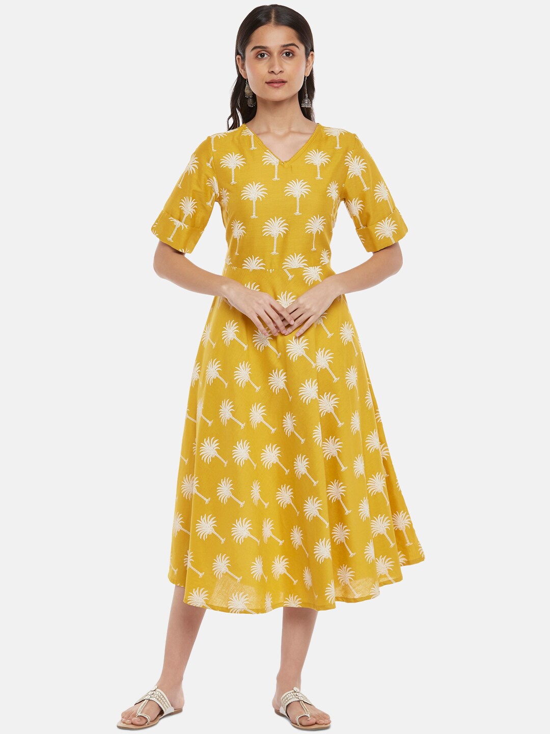 

AKKRITI BY PANTALOONS Yellow Belted Midi Dress