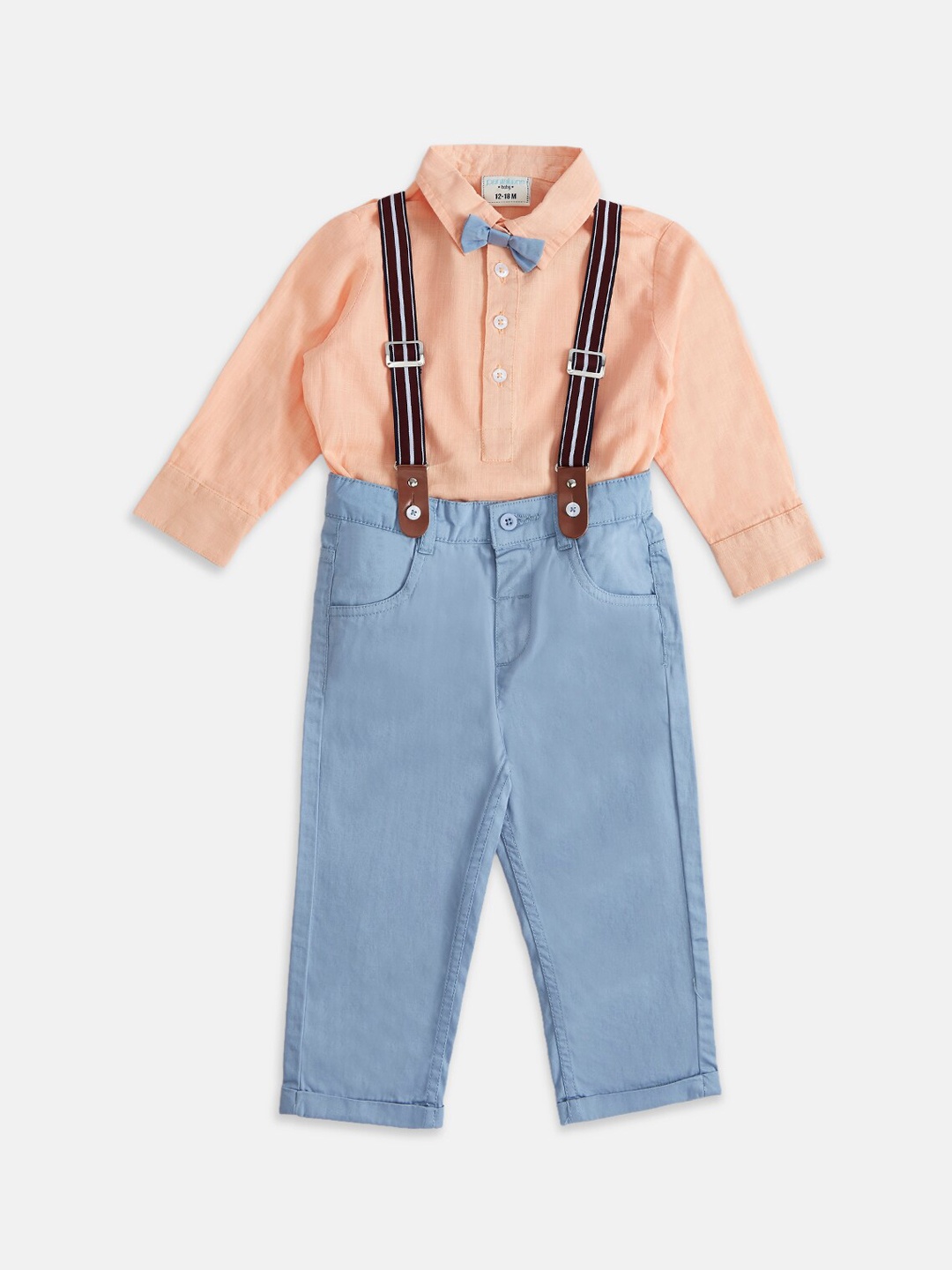 

Pantaloons Baby Boys Peach & Blue Solid Pure Cotton Co-Ords