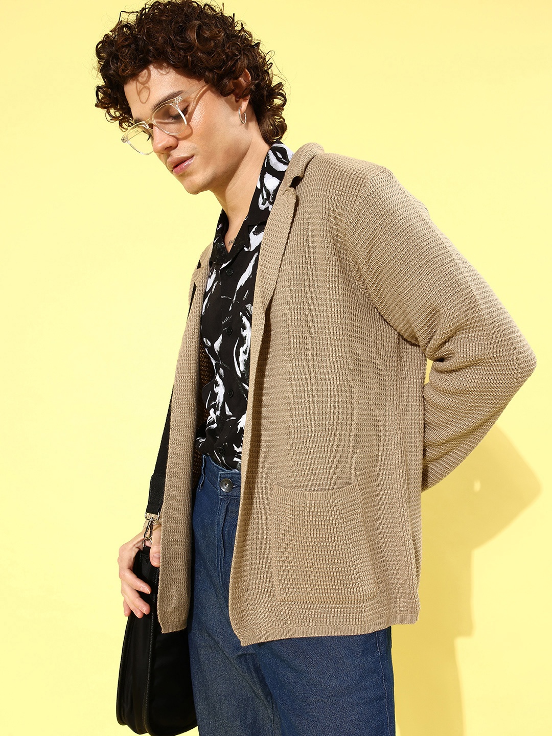 

Mast & Harbour Men Beige Lapel Neck Long Sleeves Cardigan Sweaters