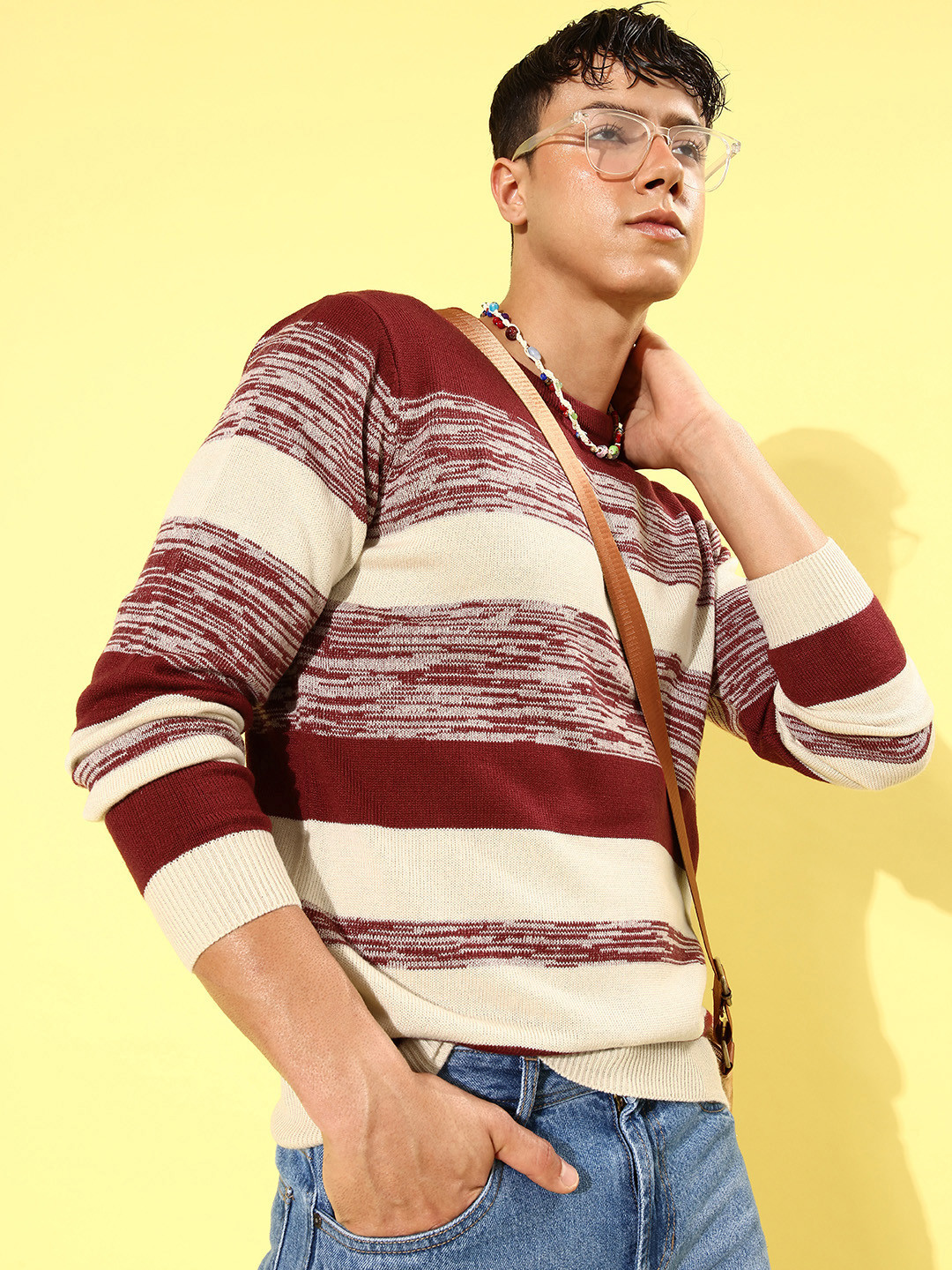 

Mast & Harbour Men Maroon & Cream-Coloured Striped Pullover Sweaters