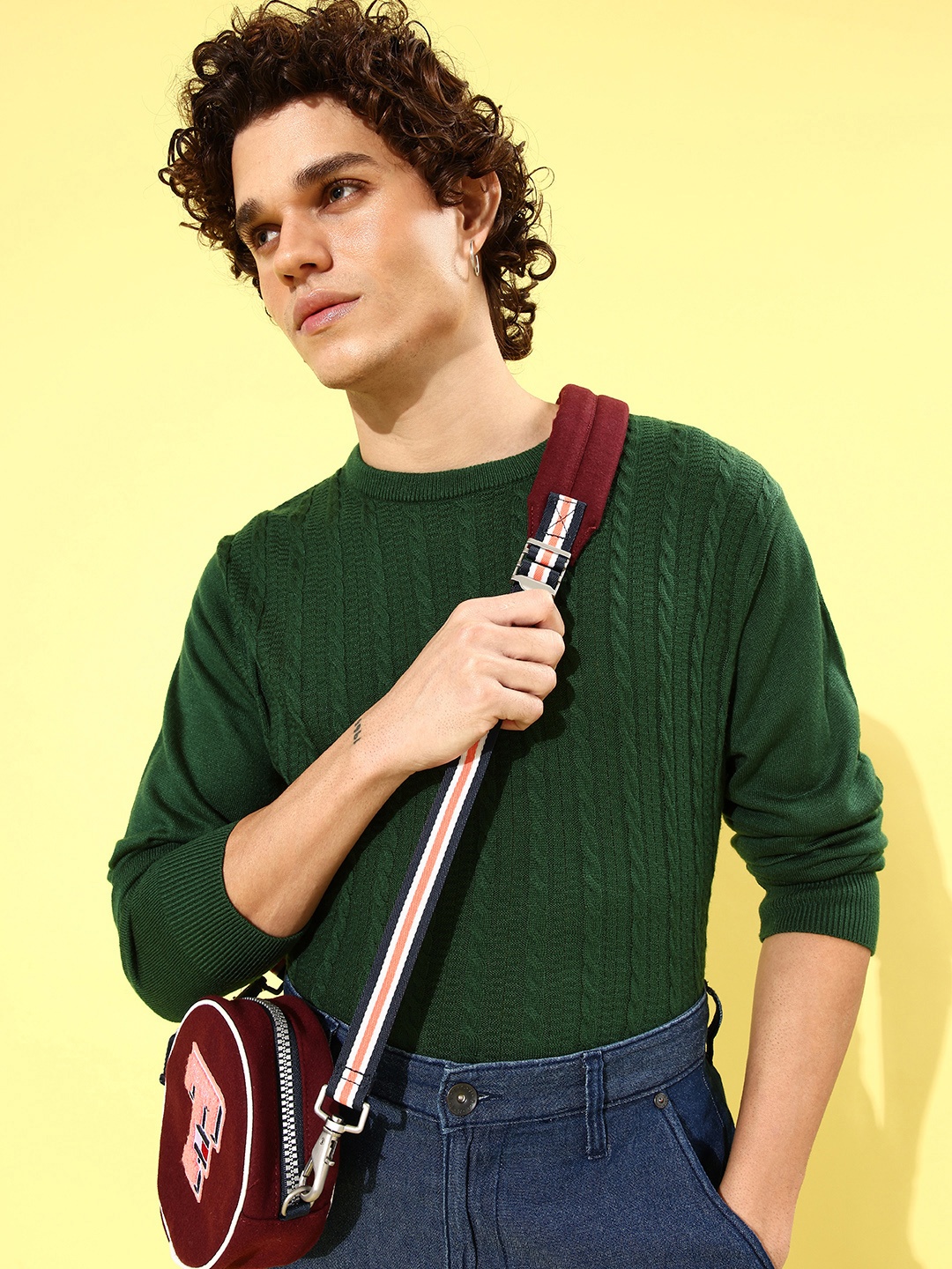 

Mast & Harbour Men Green Cable Knit Long Sleeves Round Neck Pullover
