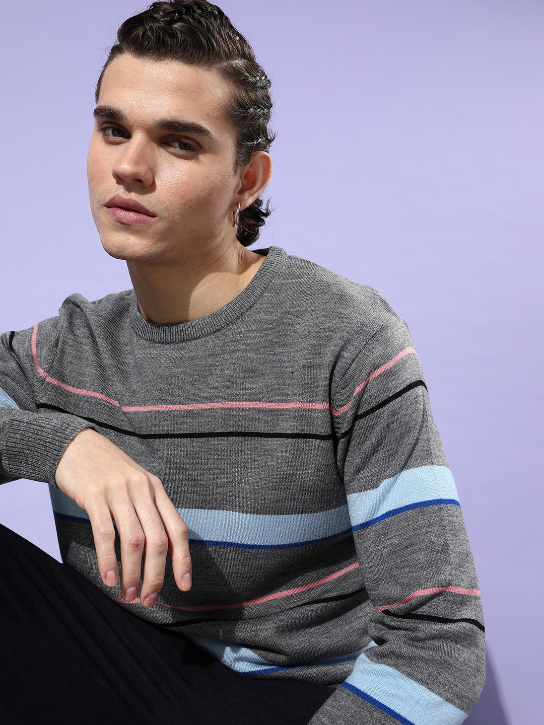 

Mast & Harbour Men Grey Striped Pullover