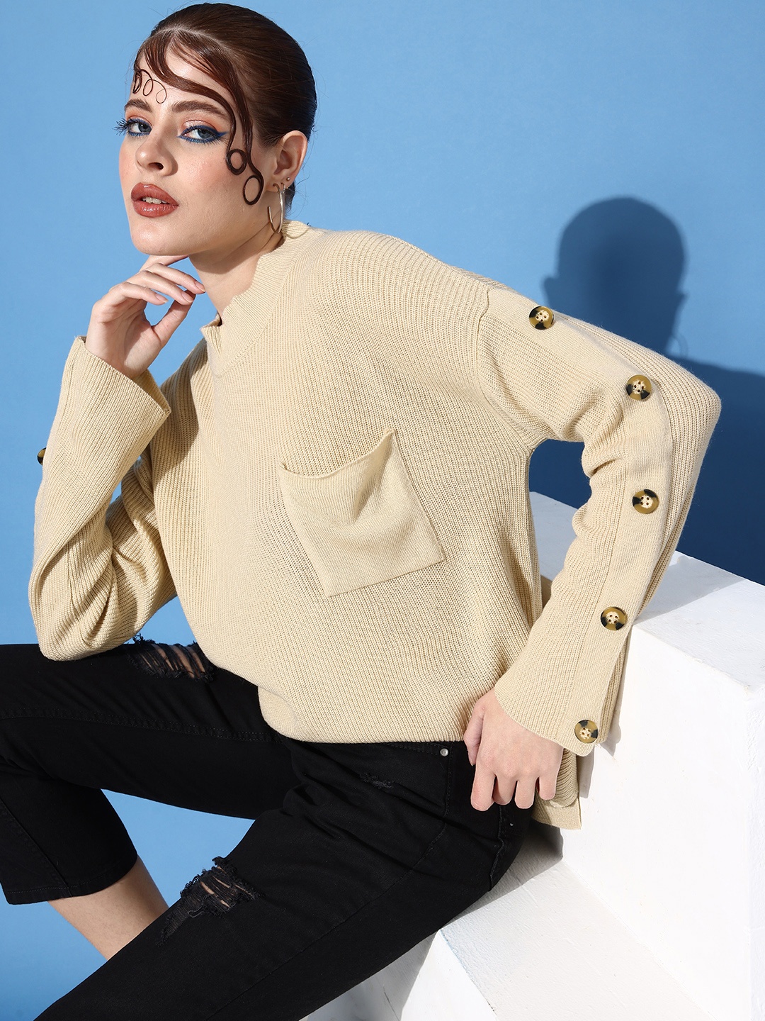 

Mast & Harbour Women Beige Self Design Pullover with Button Detail