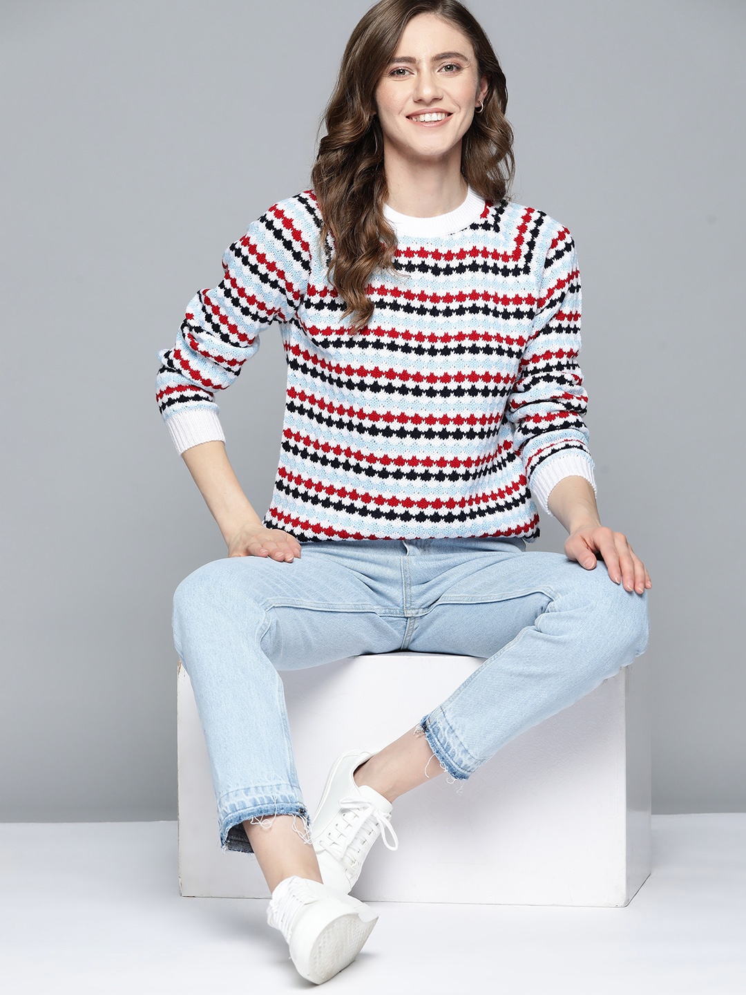 

Mast & Harbour Women Blue & White Self Design Pullover