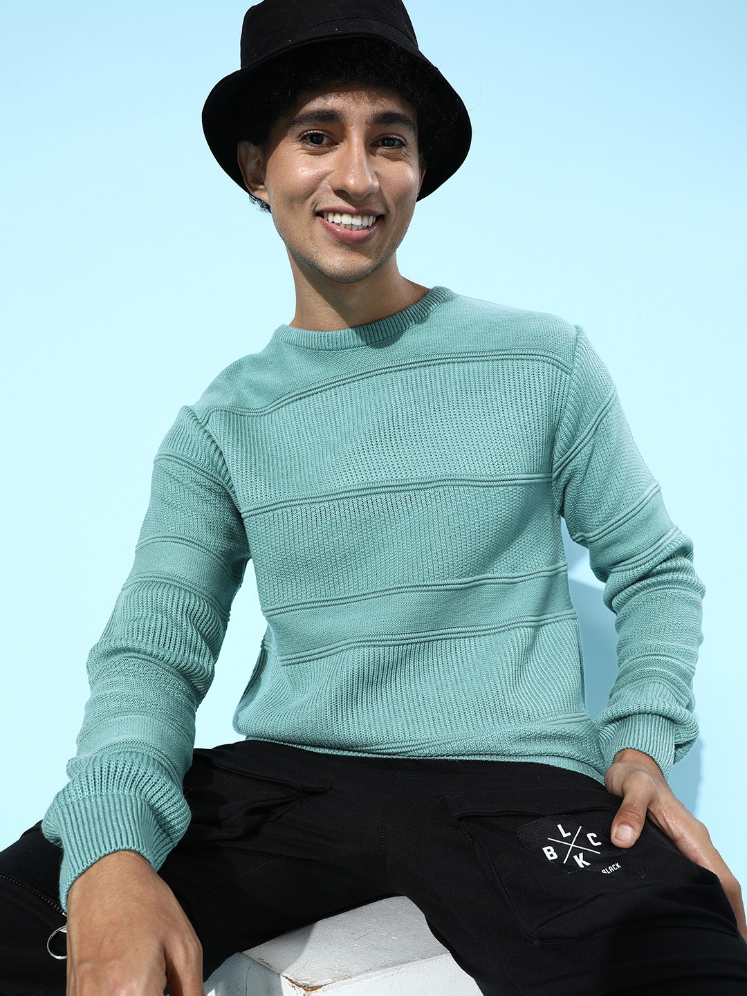 

Mast & Harbour Men Turquoise Blue Open-Knit Striped Pullover