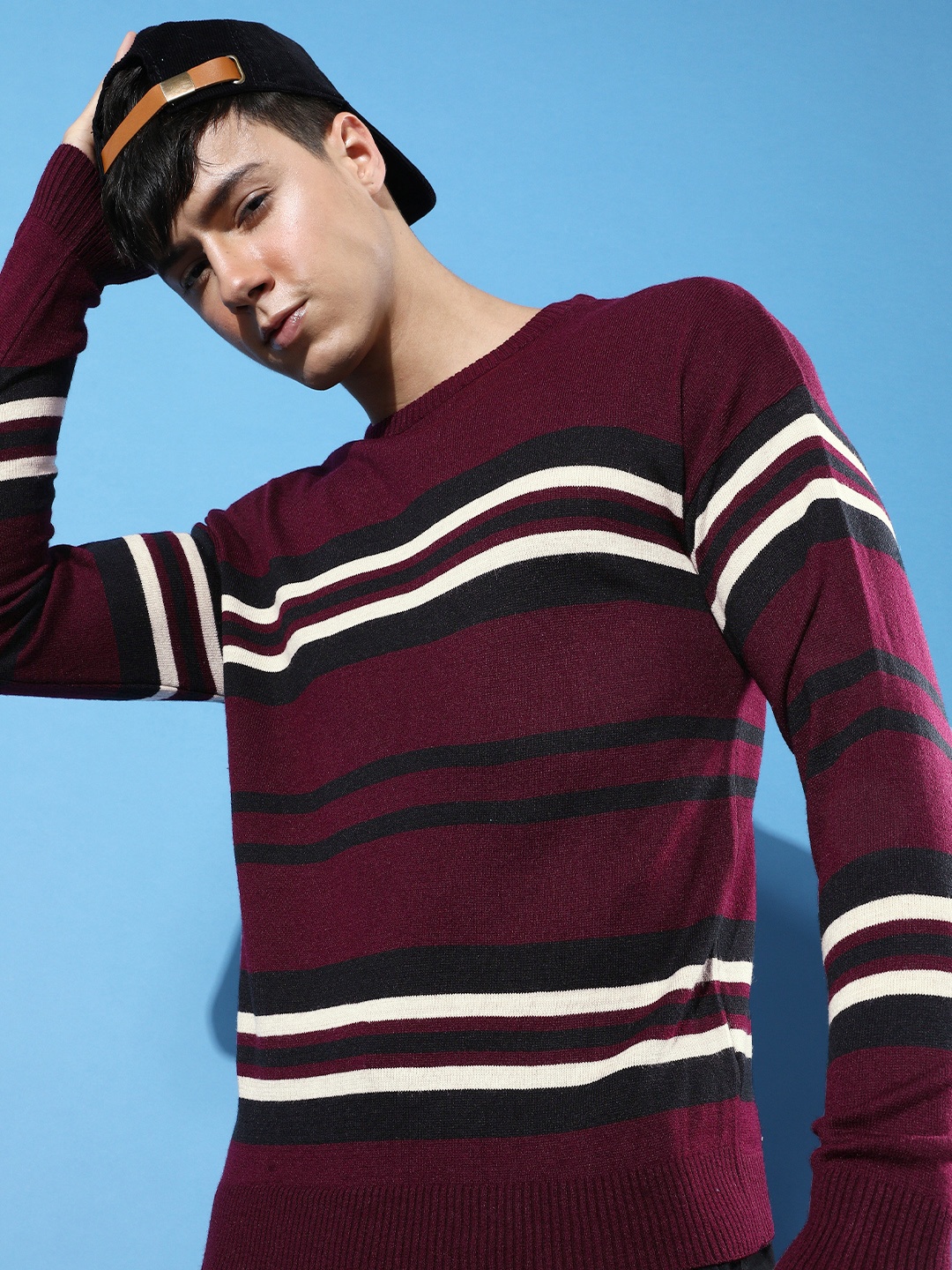 

Mast & Harbour Men Earthy Maroon & Black Striped Revisited Nostalgia Acrylic Pullover