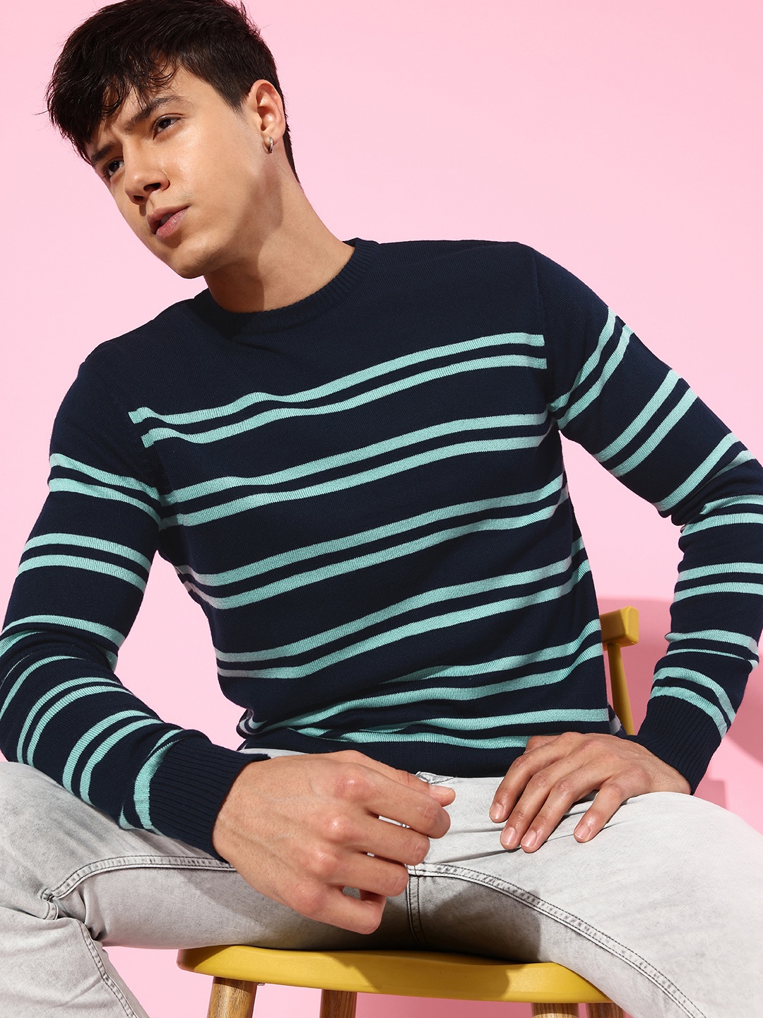 

Mast & Harbour Men Horizontal Striped Round Neck Acrylic Pullover, Navy blue