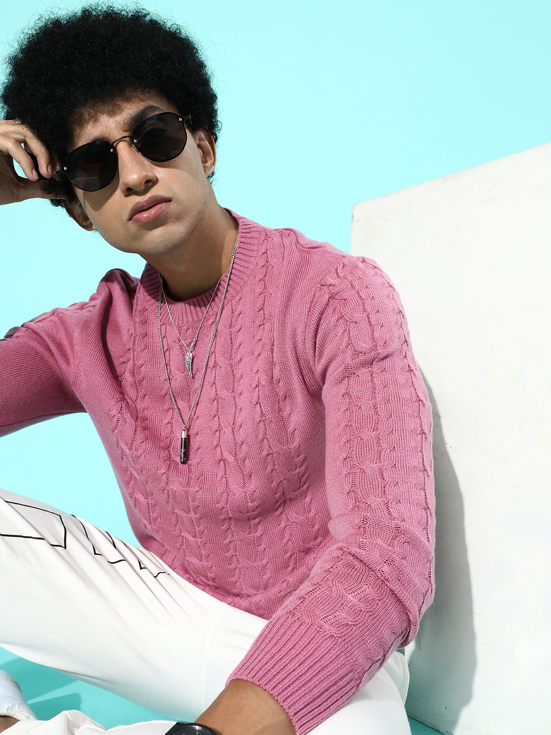 

Mast & Harbour Men Pink Cable Knit Pullover Sweaters