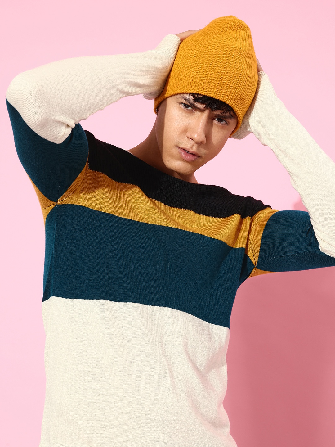 

Mast & Harbour Men Striped Round Neck Acrylic Pullover, White