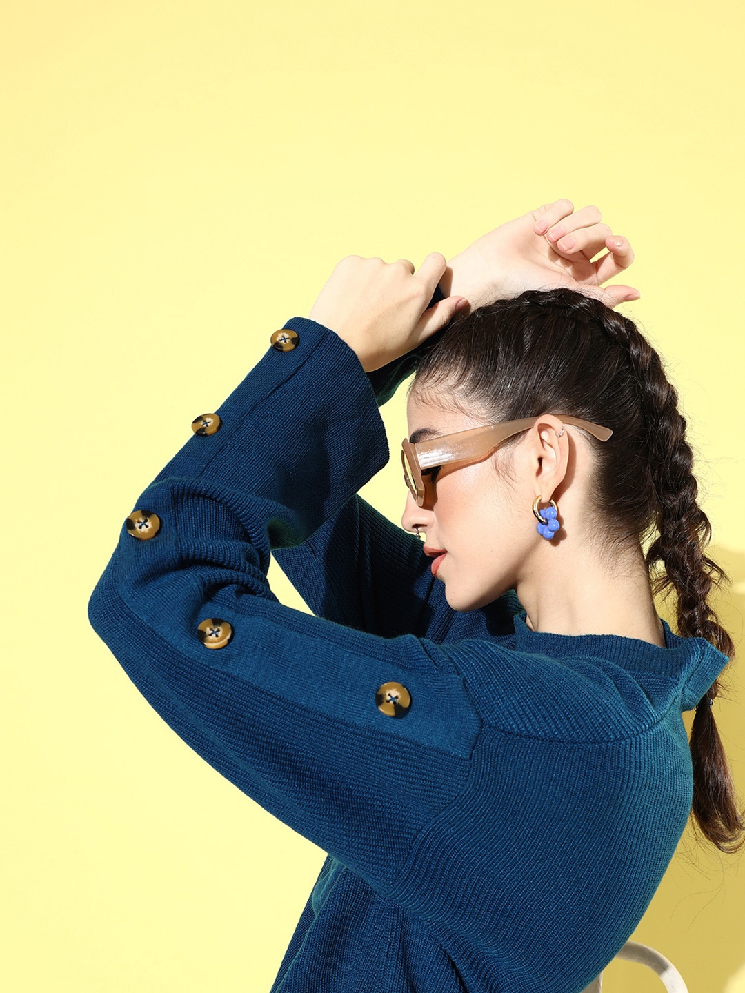 

Mast & Harbour Women Teal Blue Self Design Pullover with Button Detail