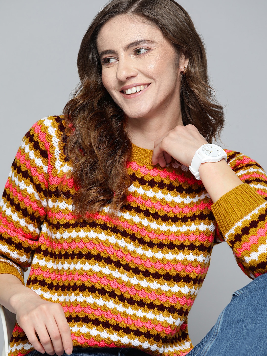

Mast & Harbour Women Mustard Yellow & White Self Design Pullover