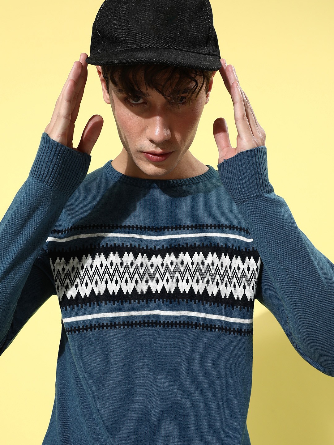 

Mast & Harbour Men Round Neck Argyle Printed Pullover, Blue