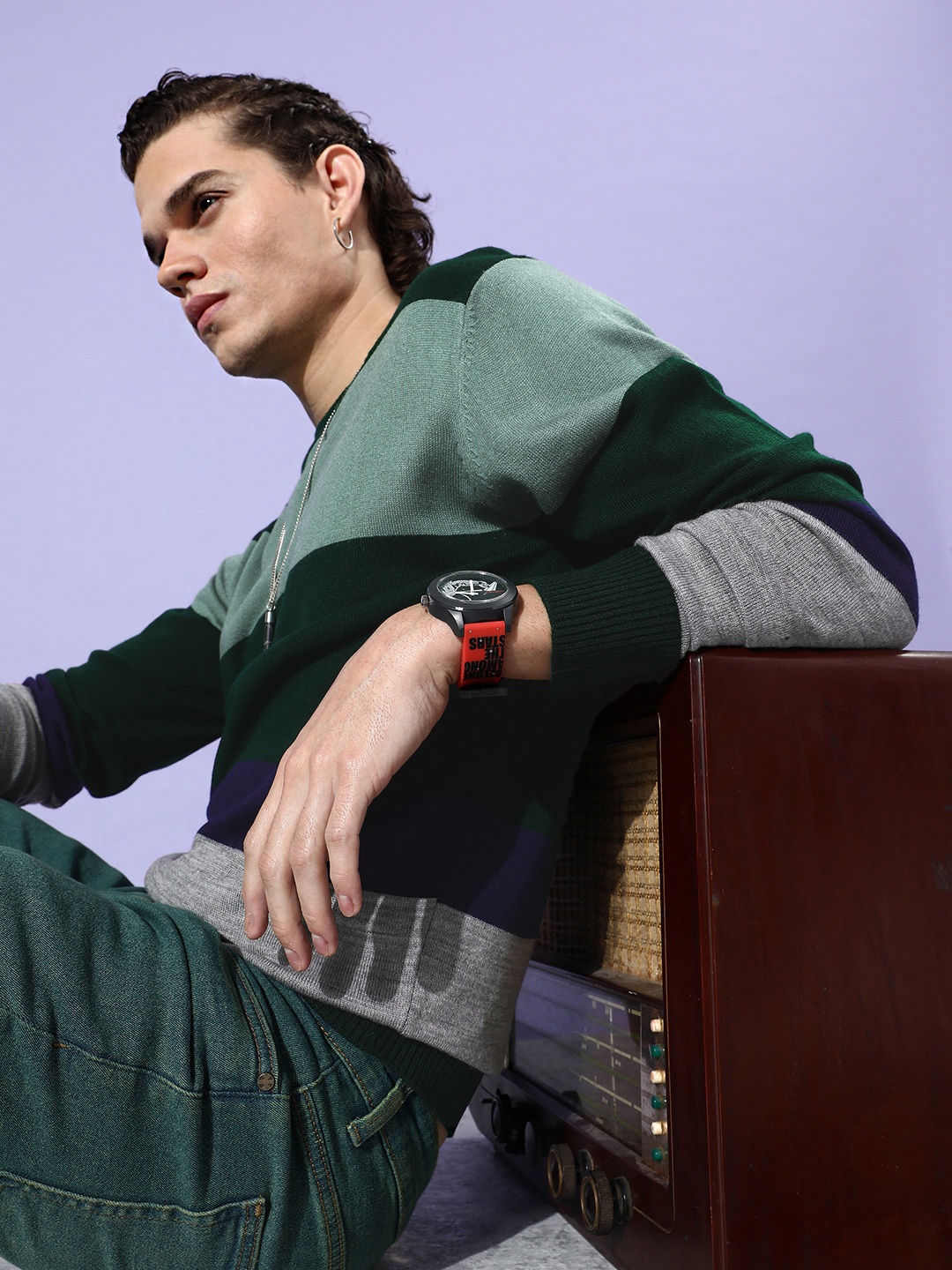 

Mast & Harbour Men Green & Grey Colourblocked Pullover