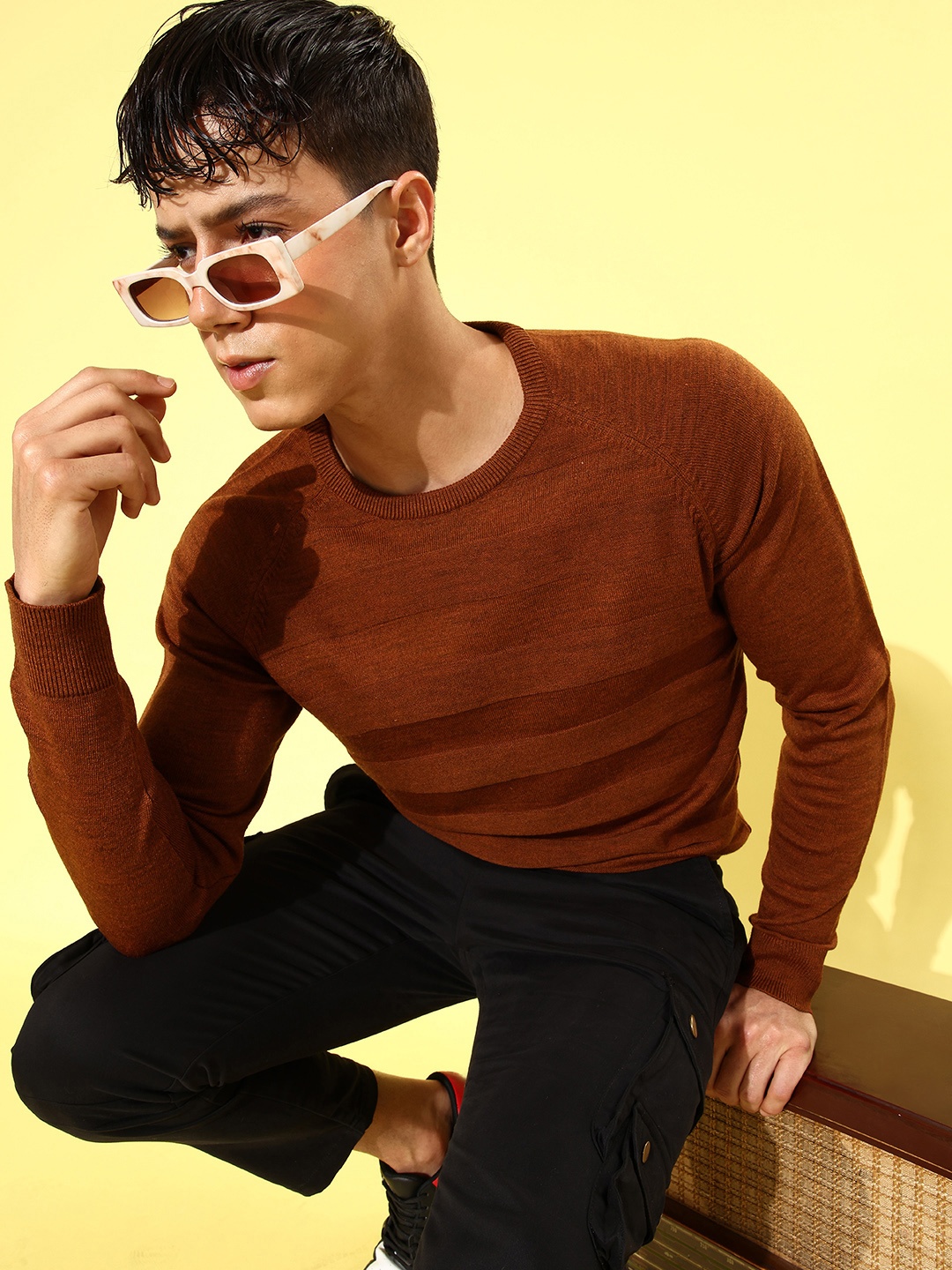 

Mast & Harbour Men Rust Striped Long Sleeves Round Neck Pullover Sweaters
