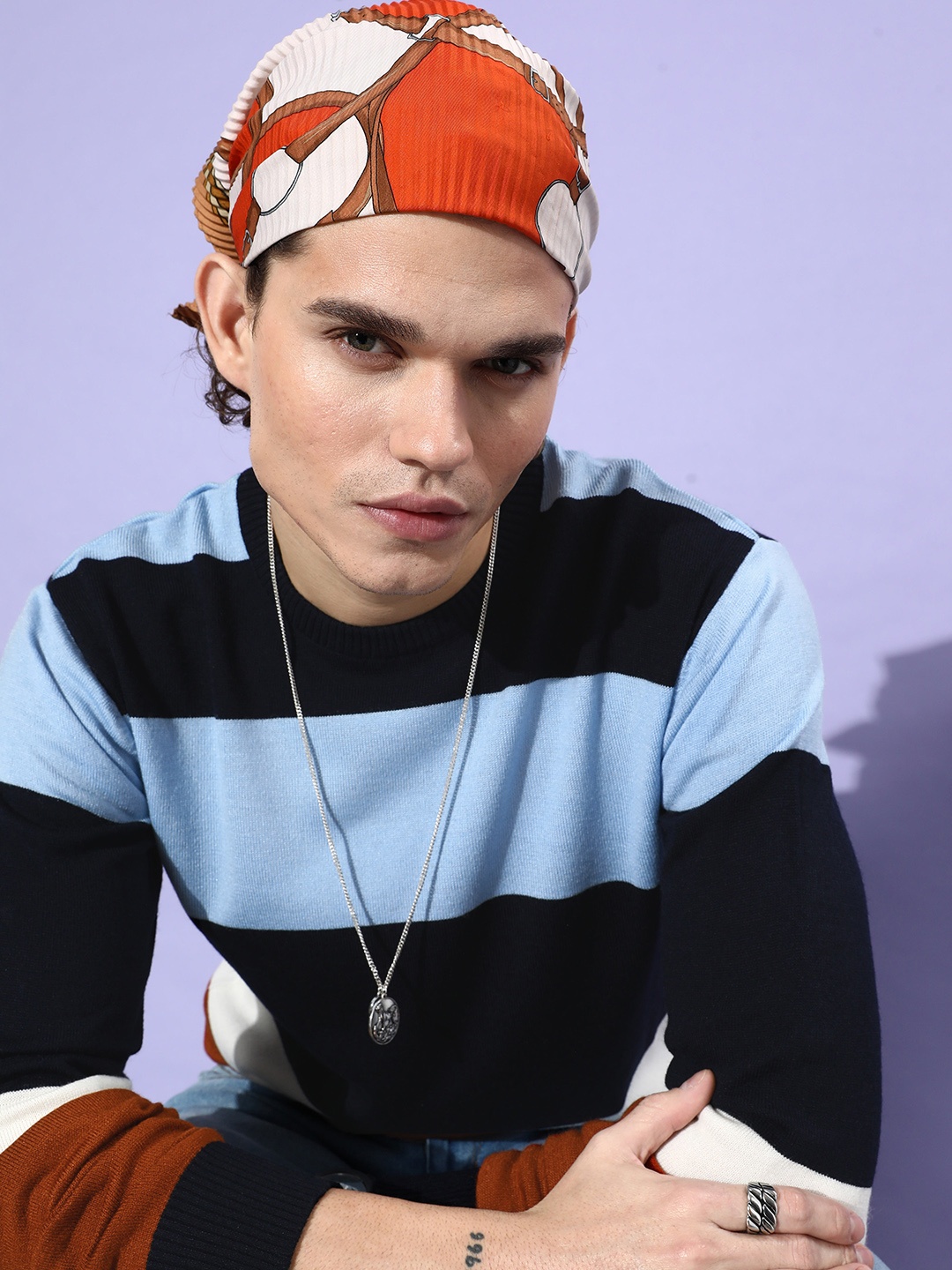 

Mast & Harbour Men Blue & Rust Striped Pullover