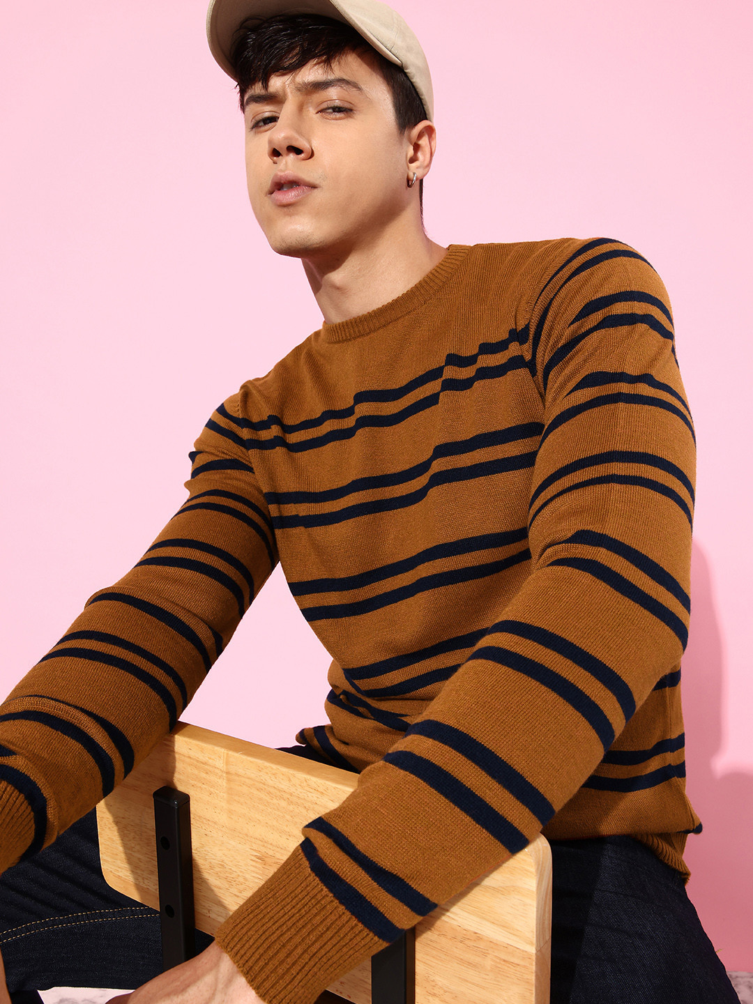 

Mast & Harbour Men Horizontal Striped Round Neck Acrylic Pullover, Rust